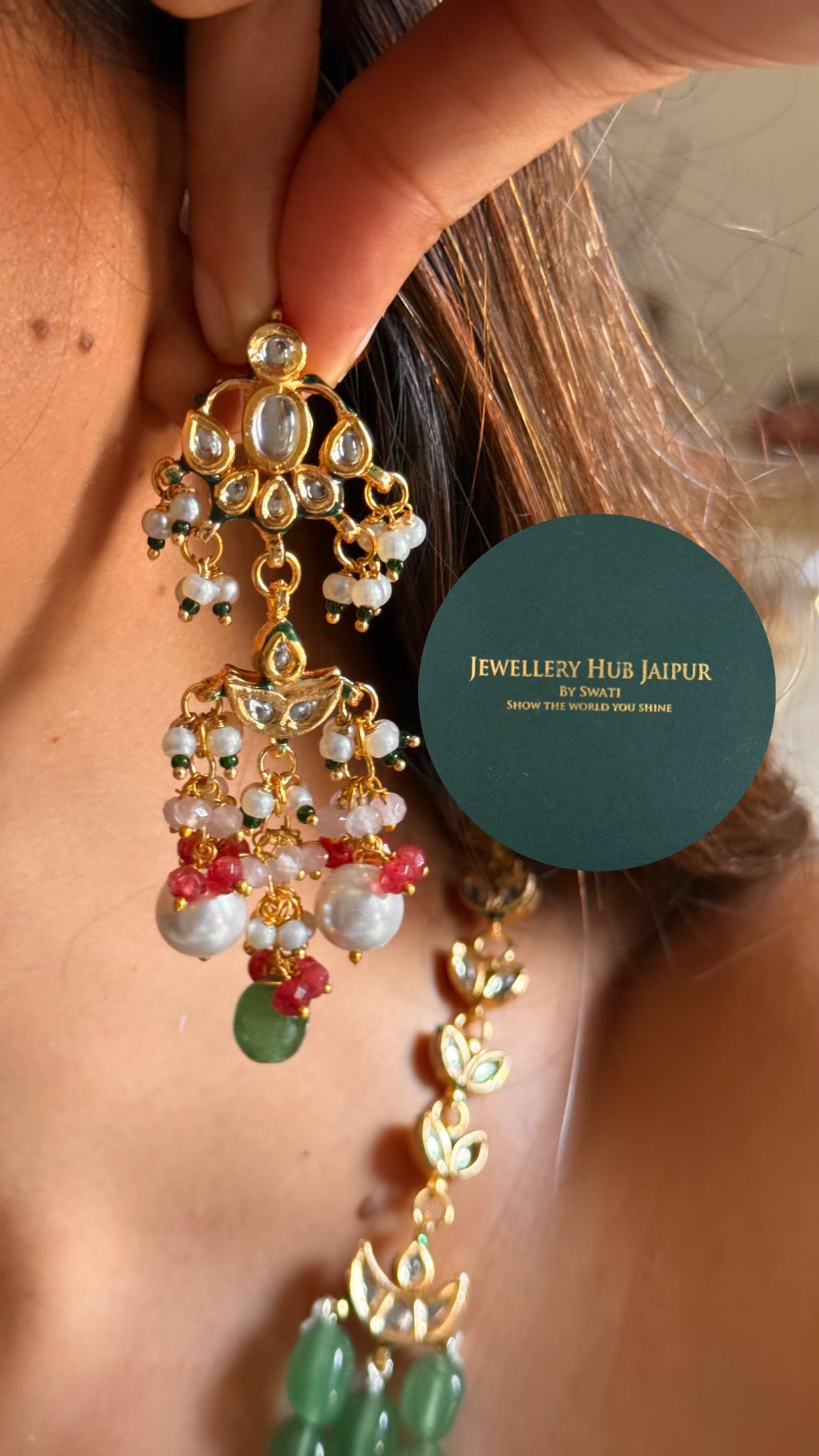 Ruby floral inlay work & mint string with meenakari paachi heritage long set