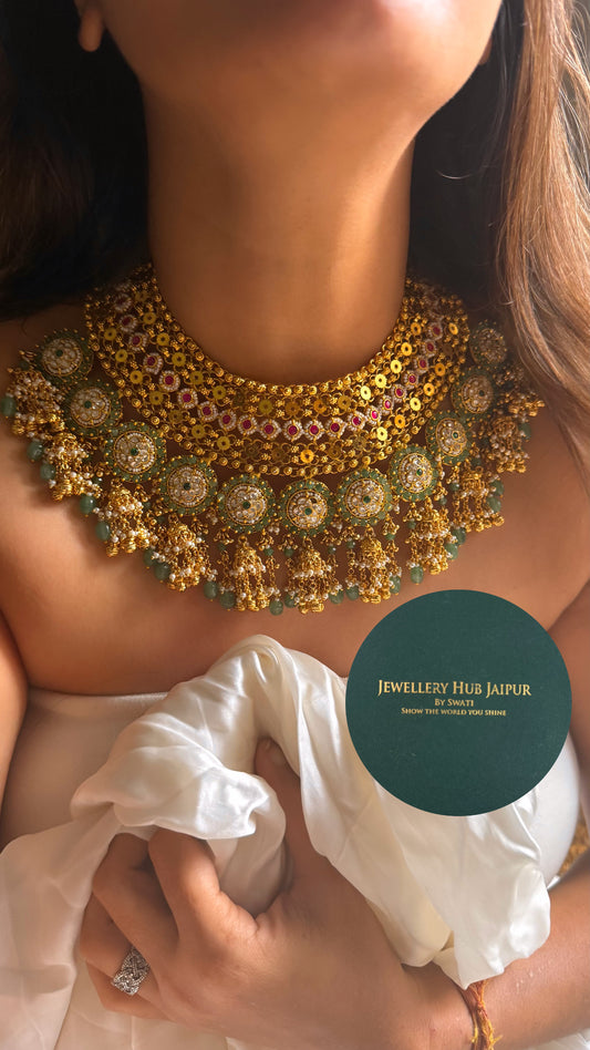 Handmade Heritage Polki Rani pink & mint with jhumka & mint drop heritage rajwada bridal set