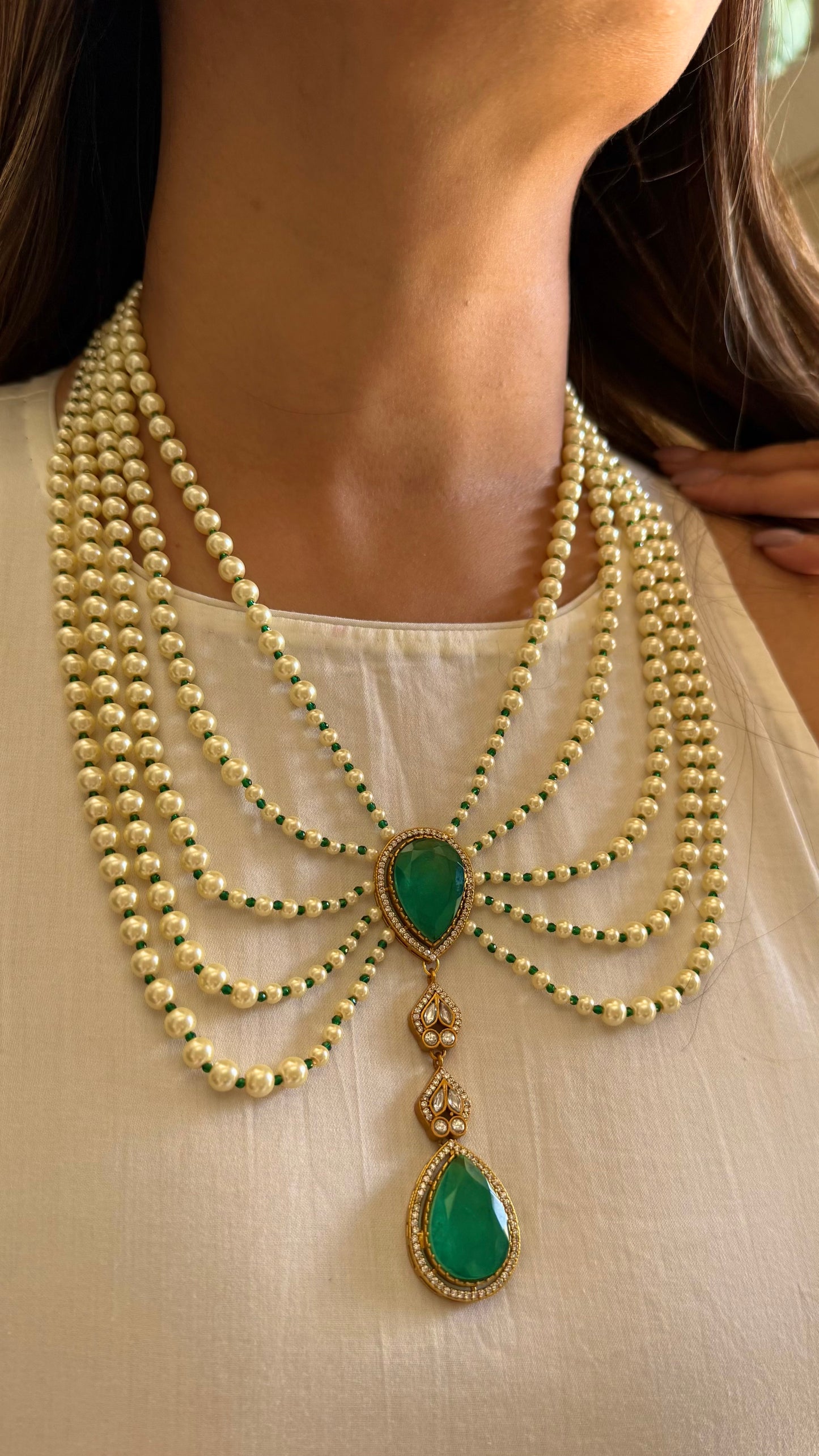 Iqra Emerald moissanite designer mid length pearl necklace