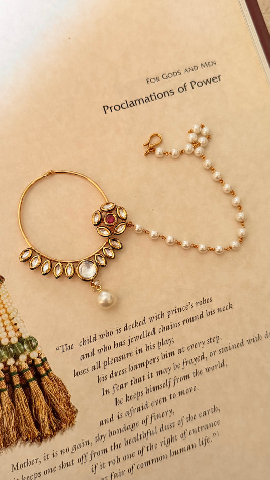 Rani pink floral moissanite pearl drop nath