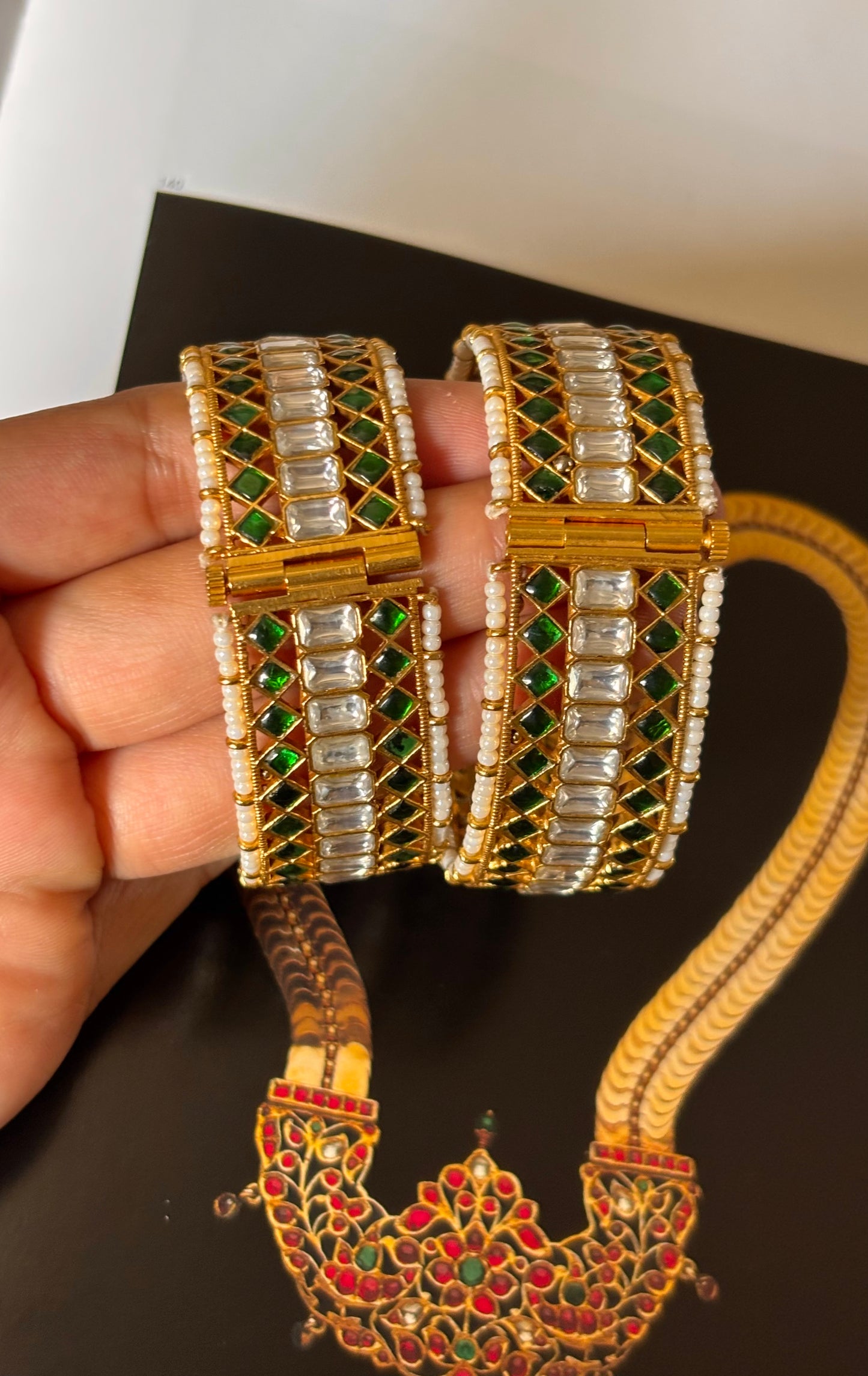 Emerald paachi jadau pearl detailing bangles