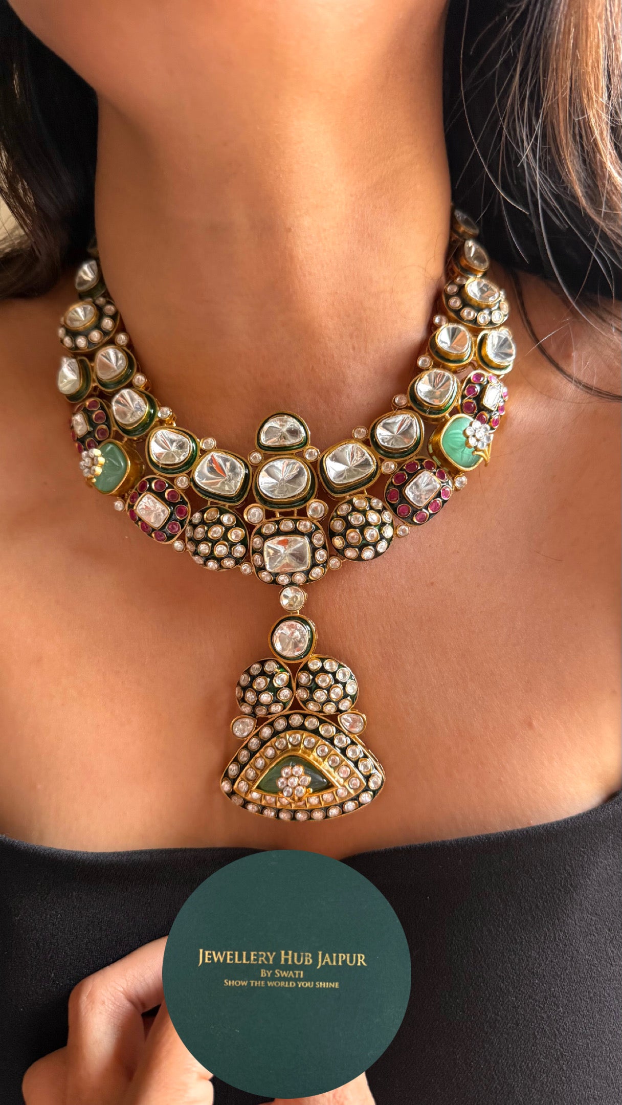 Ruby & emerald Meenakari carving with uncut polki bridal Necklace