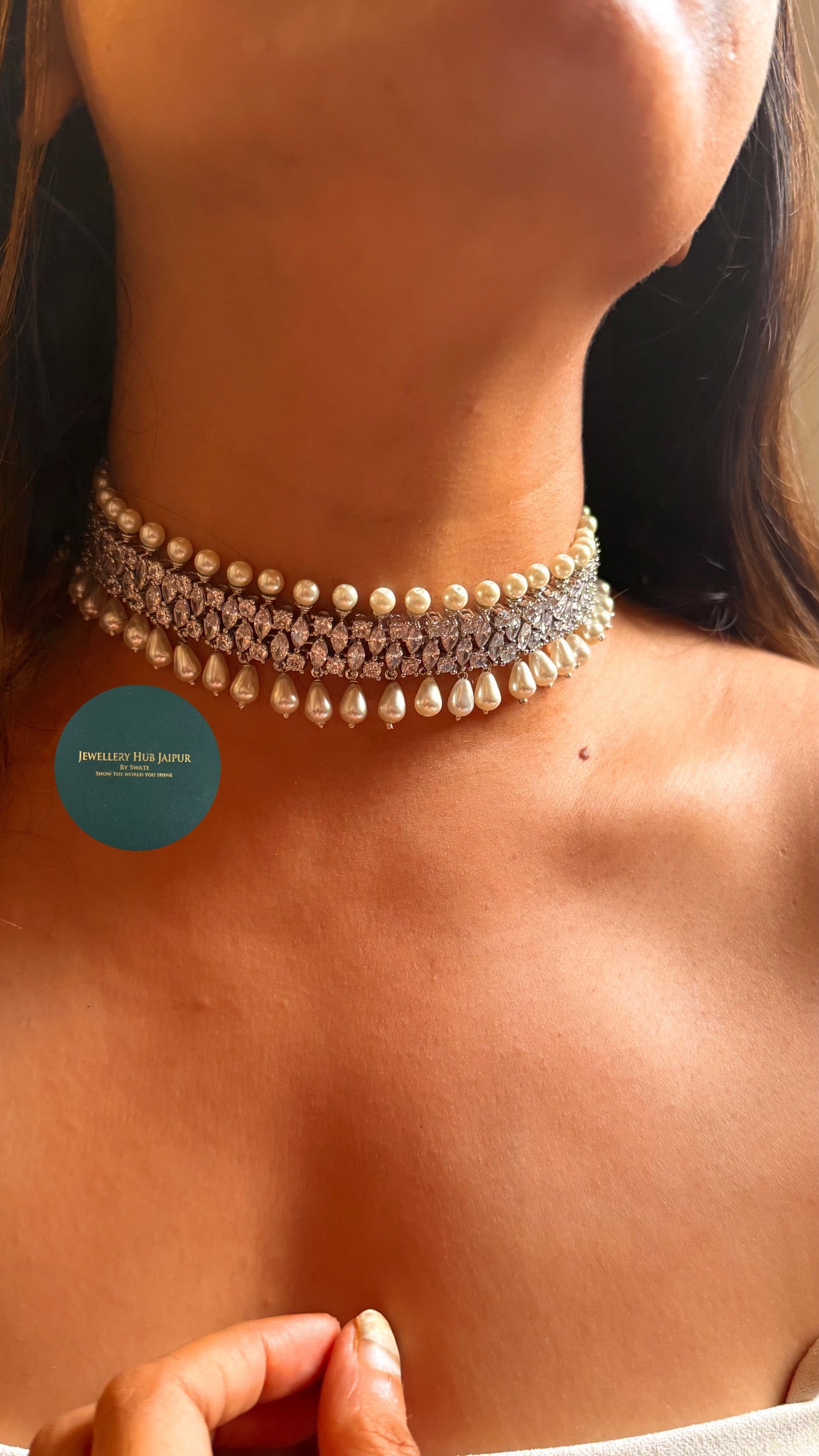 Celeste Cz diamond with pearl drop choker set