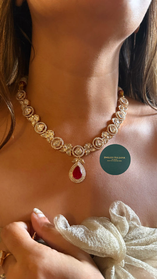 Ruby drop with moissanite uncut polki collar set