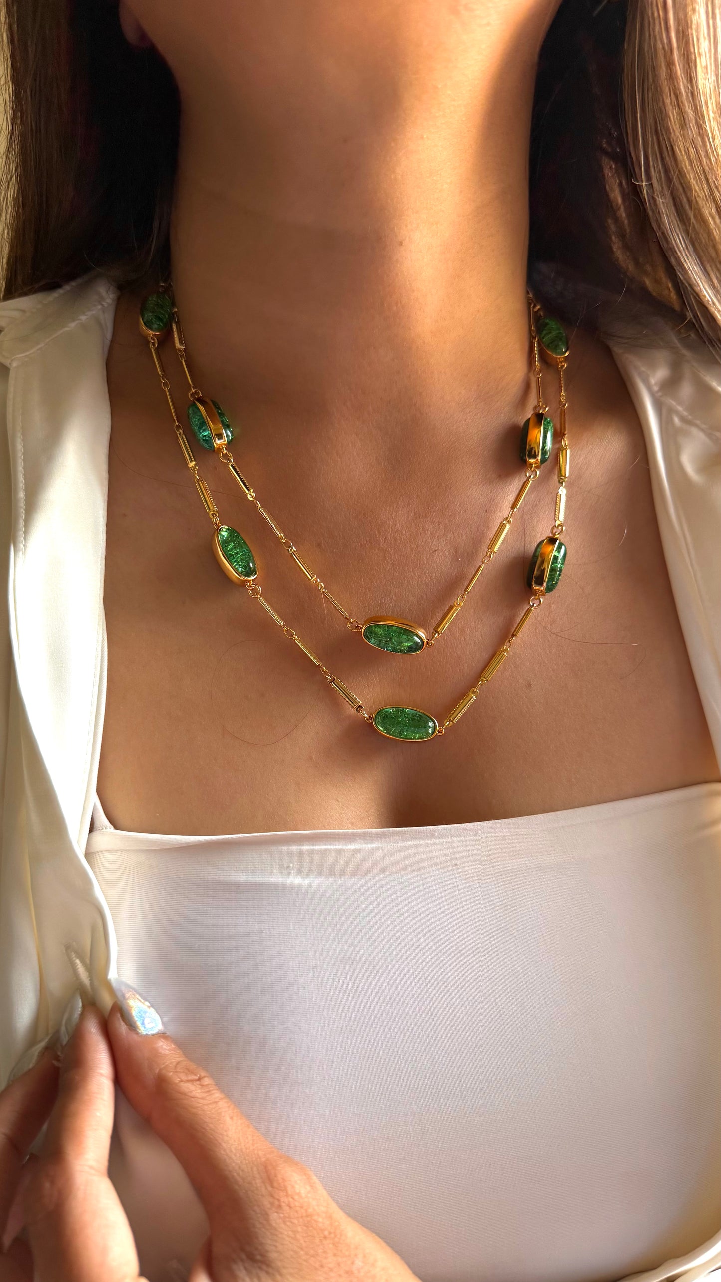 Emerald doublet dual layer necklace