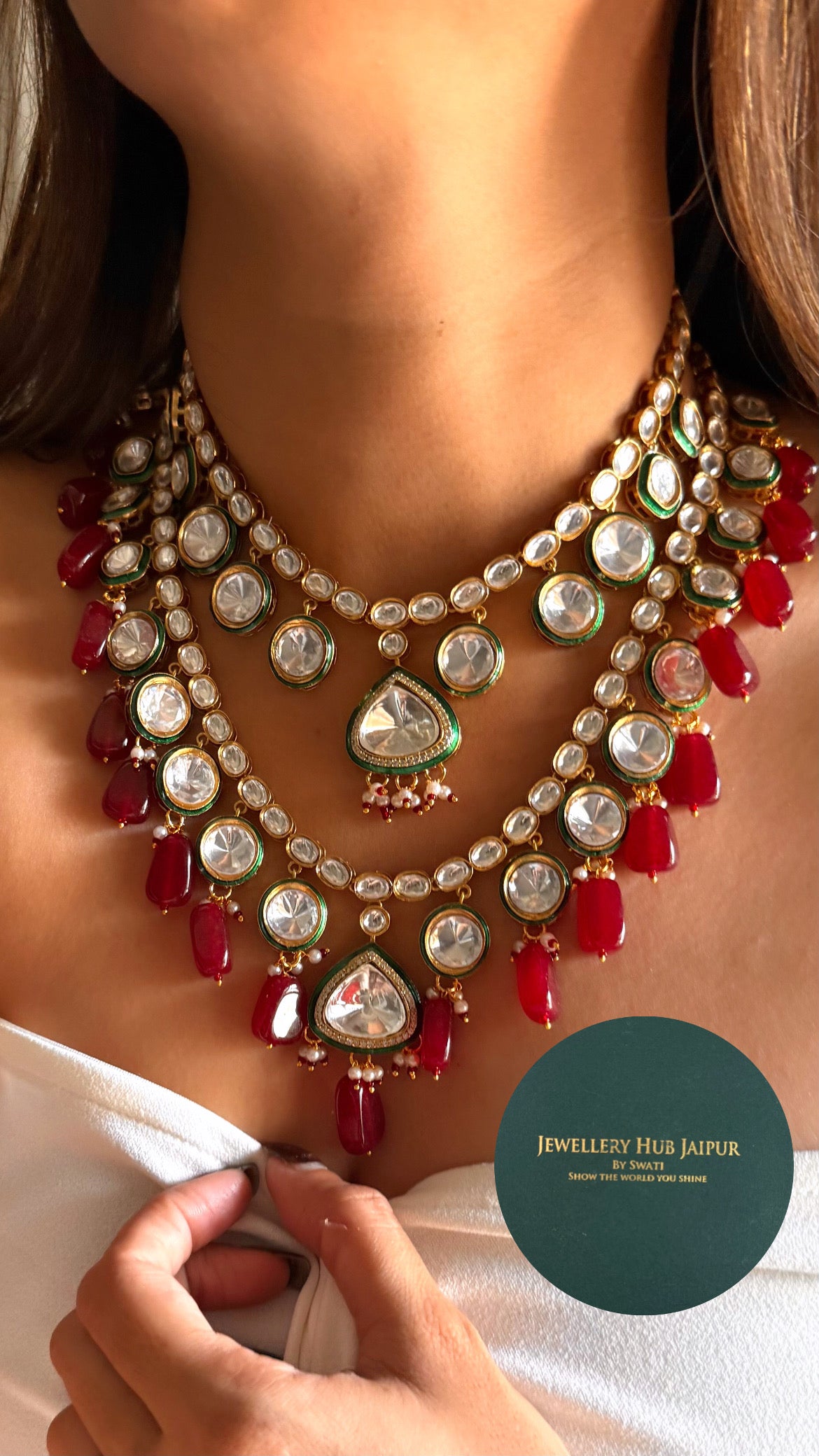 Emerald meenakari polki dual layer with ruby drops set