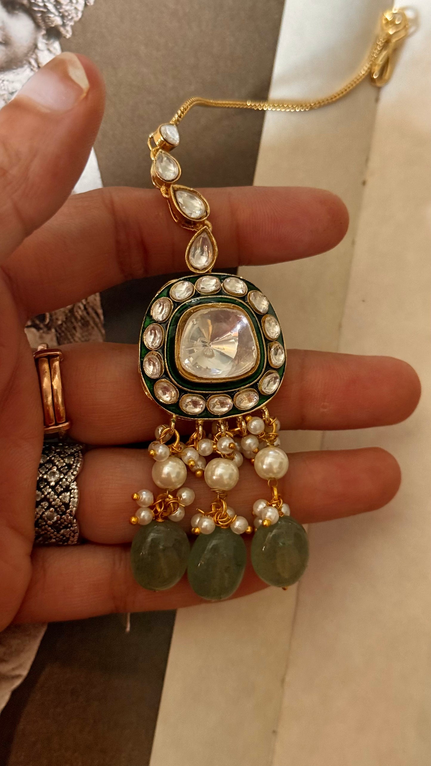 Emerald meenakari polki with mint drop maangtika