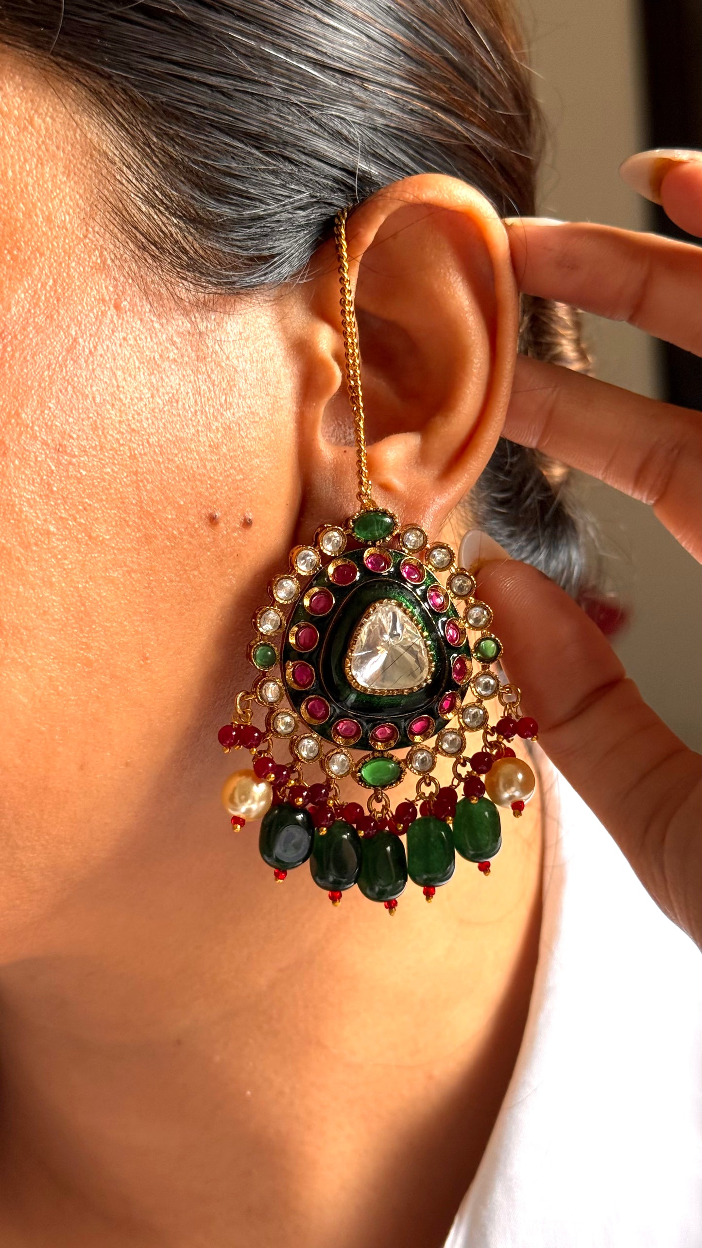 Emerald meenakari & ruby moissanite polki earrings