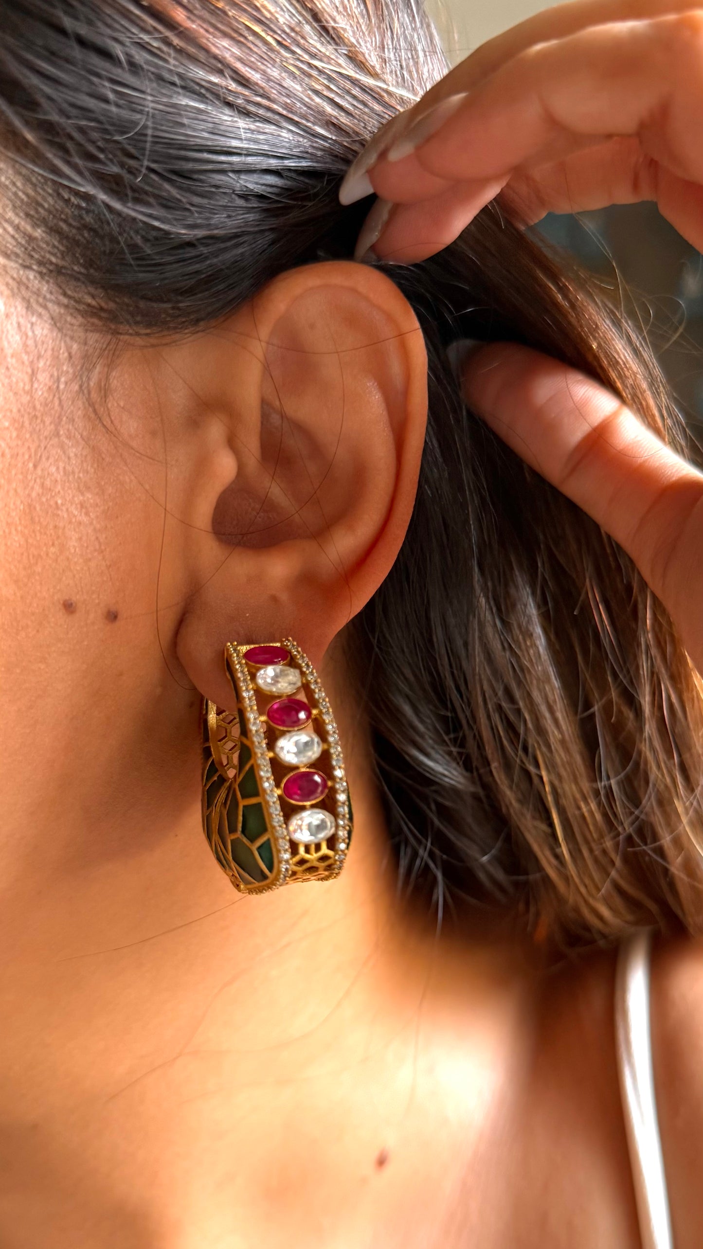 Emerald katdana with rani pink polki earrings