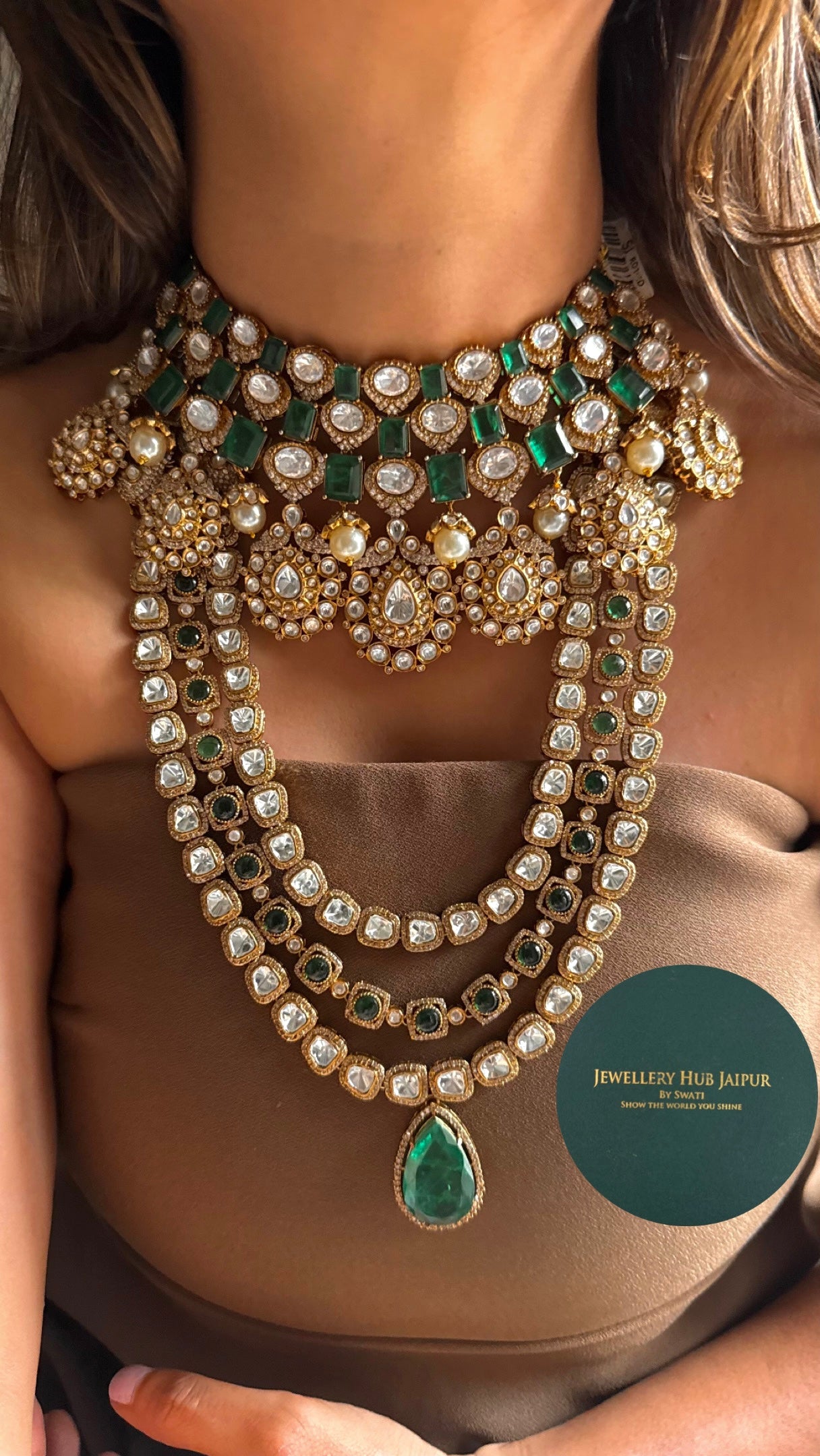 Emerald doublets with real Moissanite bridal combo Necklace