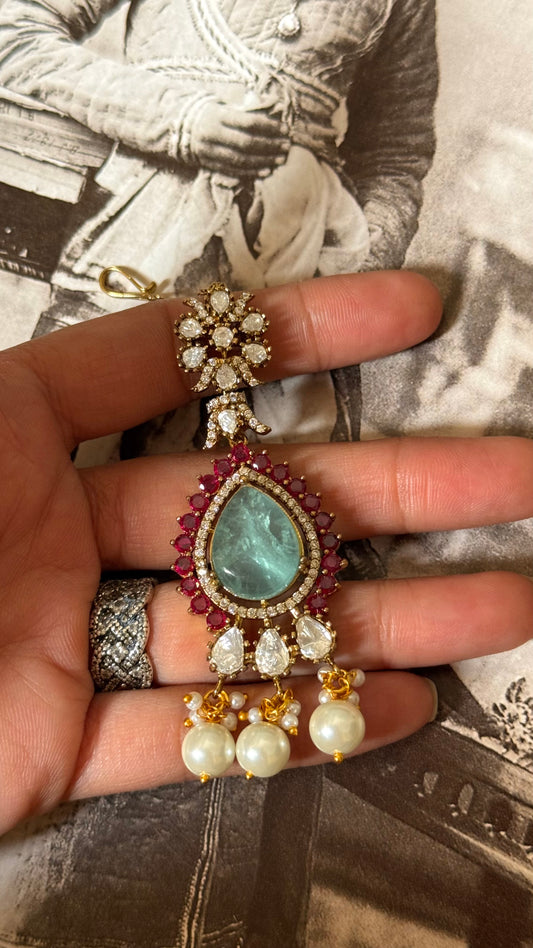 Mint & Rani pink Moissanite with drops Maangtikka