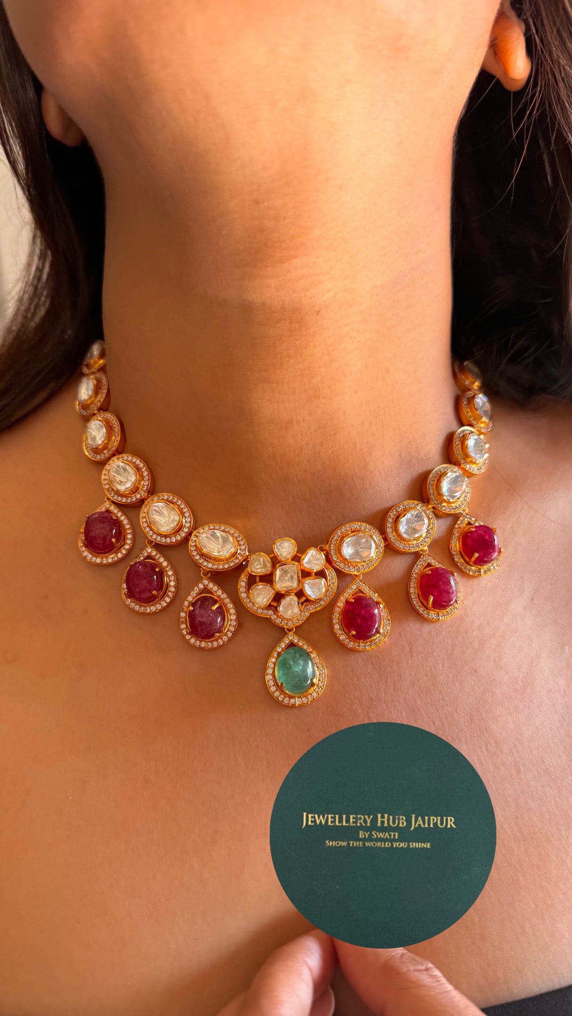 Ruby & emerald drop peeli polki Lv floral gold necklace