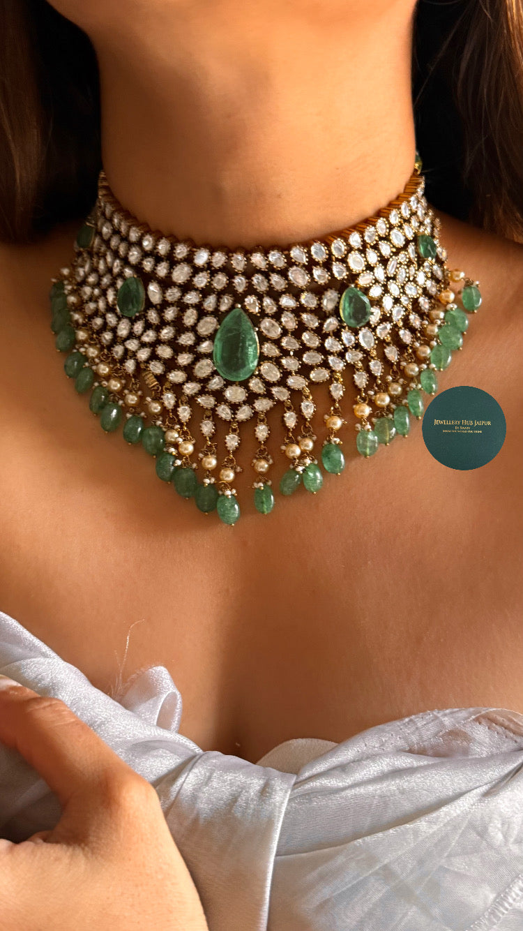 Sage green doublet moissanite polki Victorian choker set