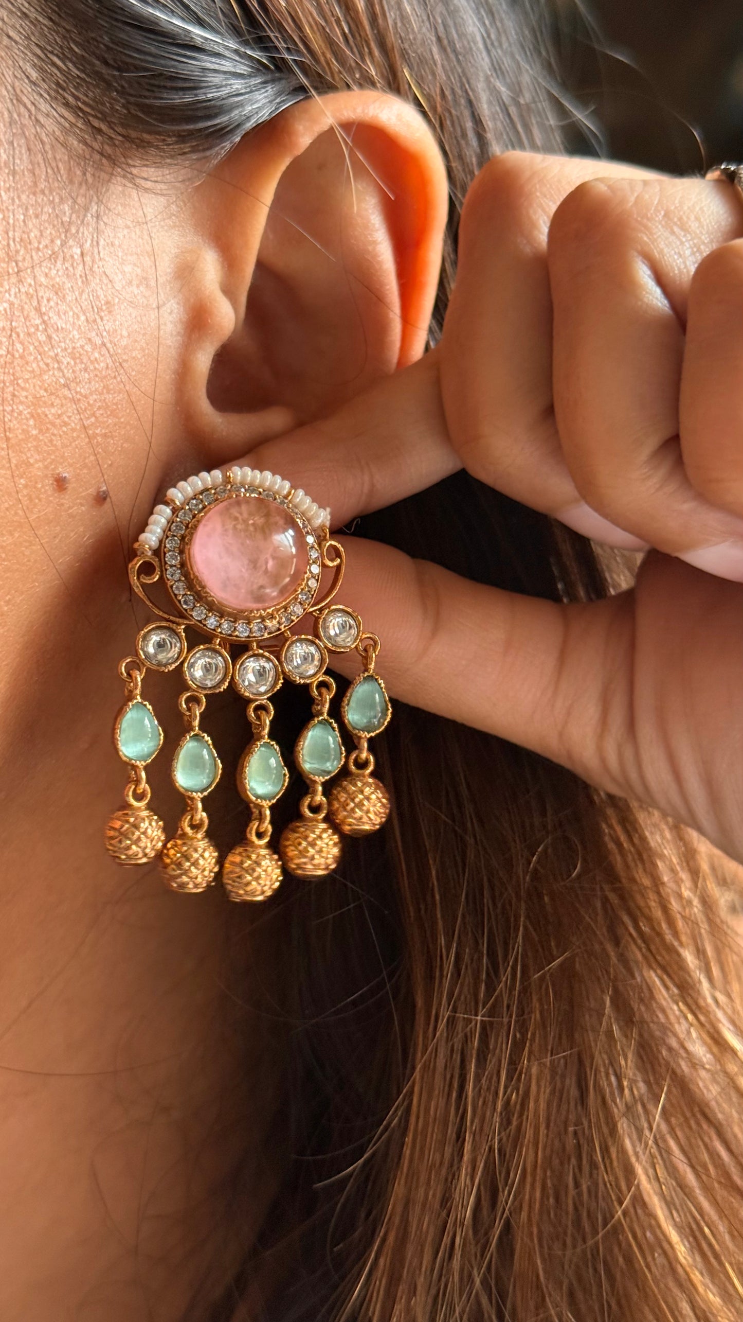 Rose quartz and mint and a hint of gold studs