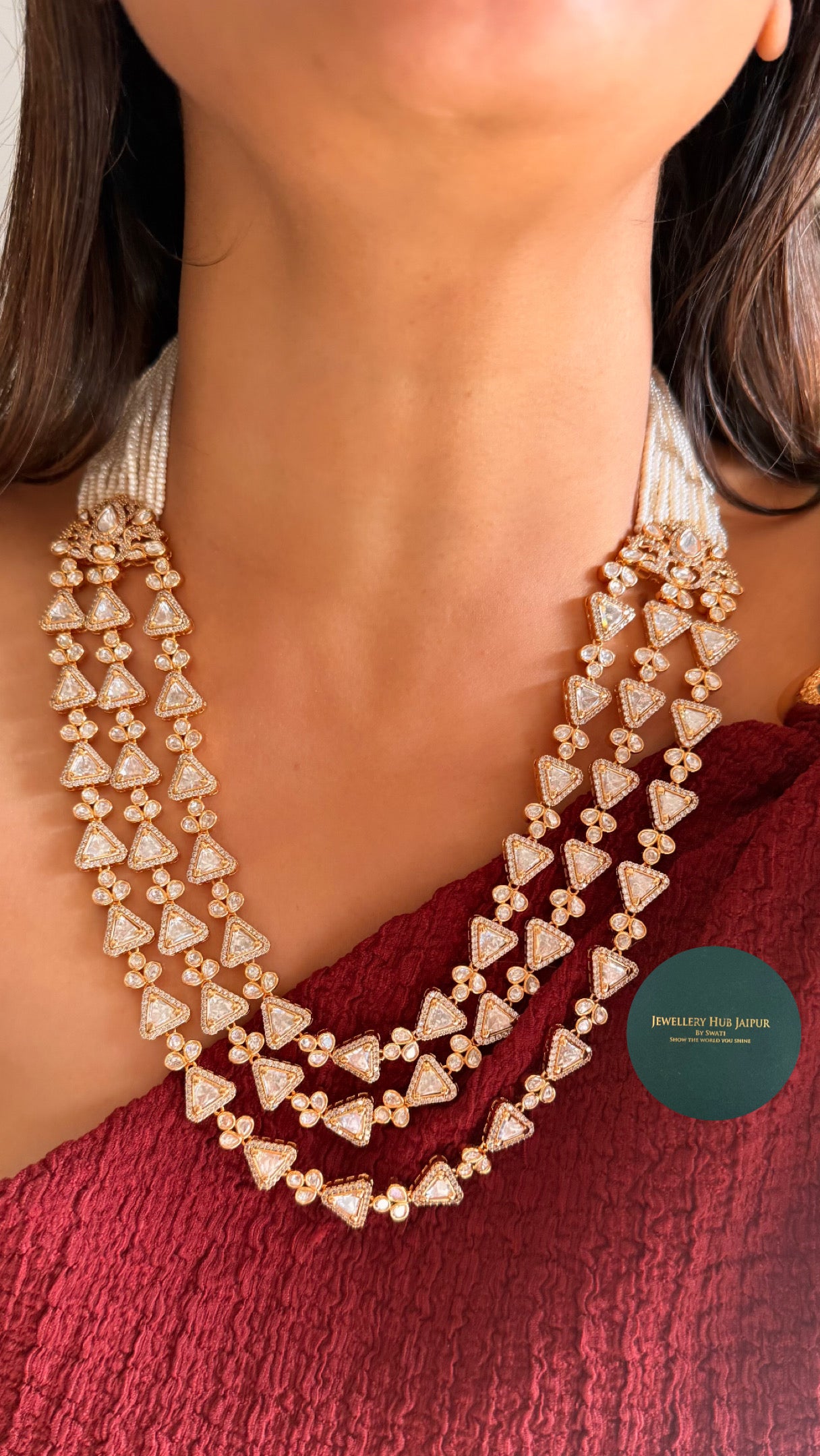 Real Polki triple line heritage necklace