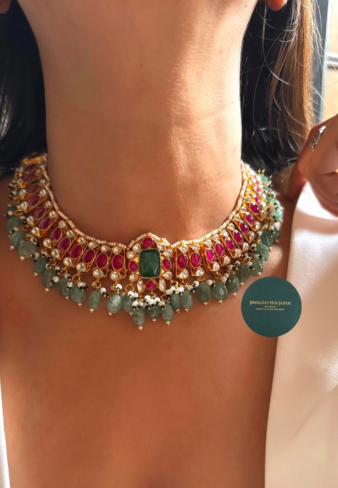 Paachi Kundan Emerald doublet & Rani pink with mint drops collar set