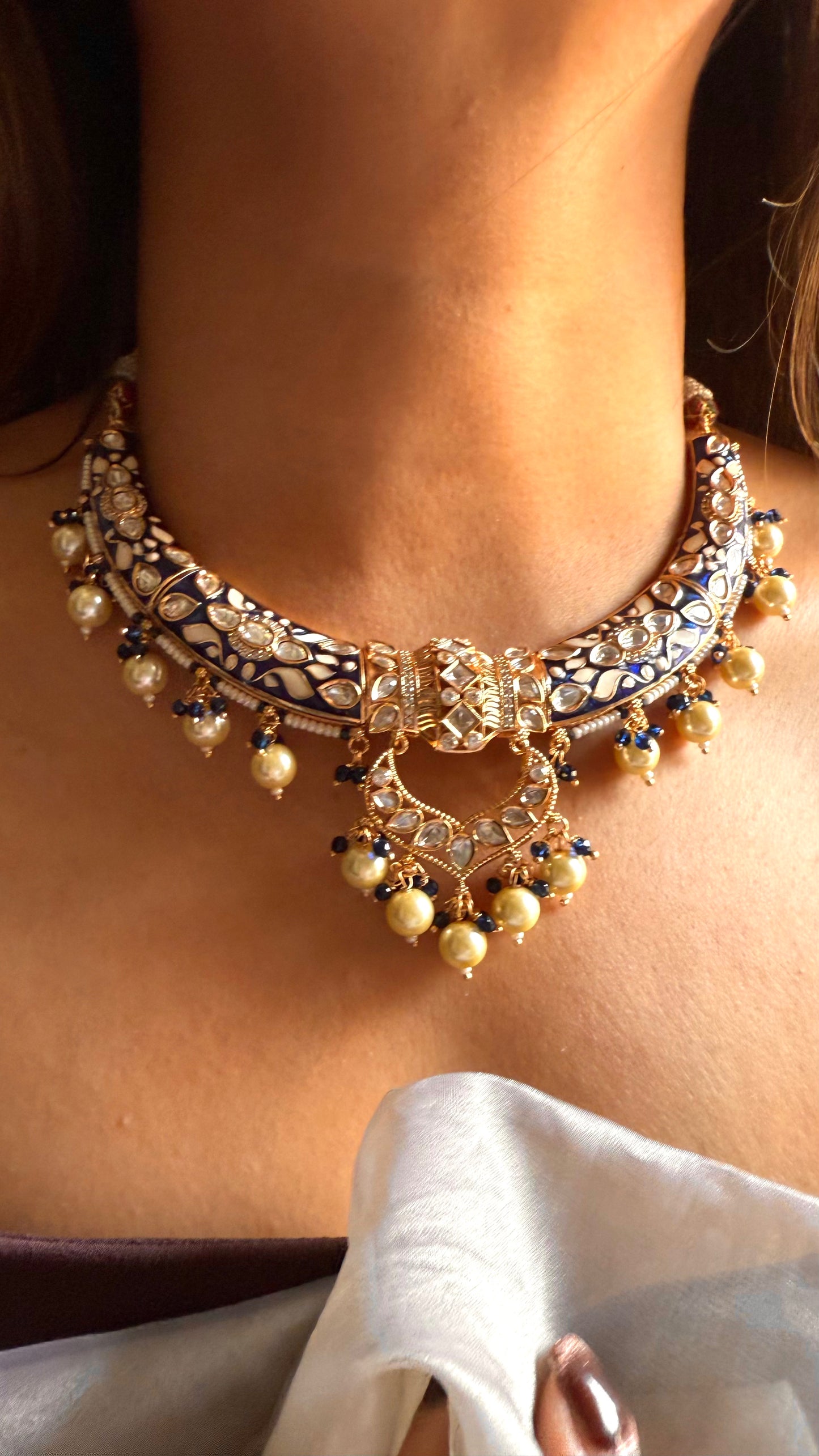 Sapphire meenakari moissanite with pearl drop