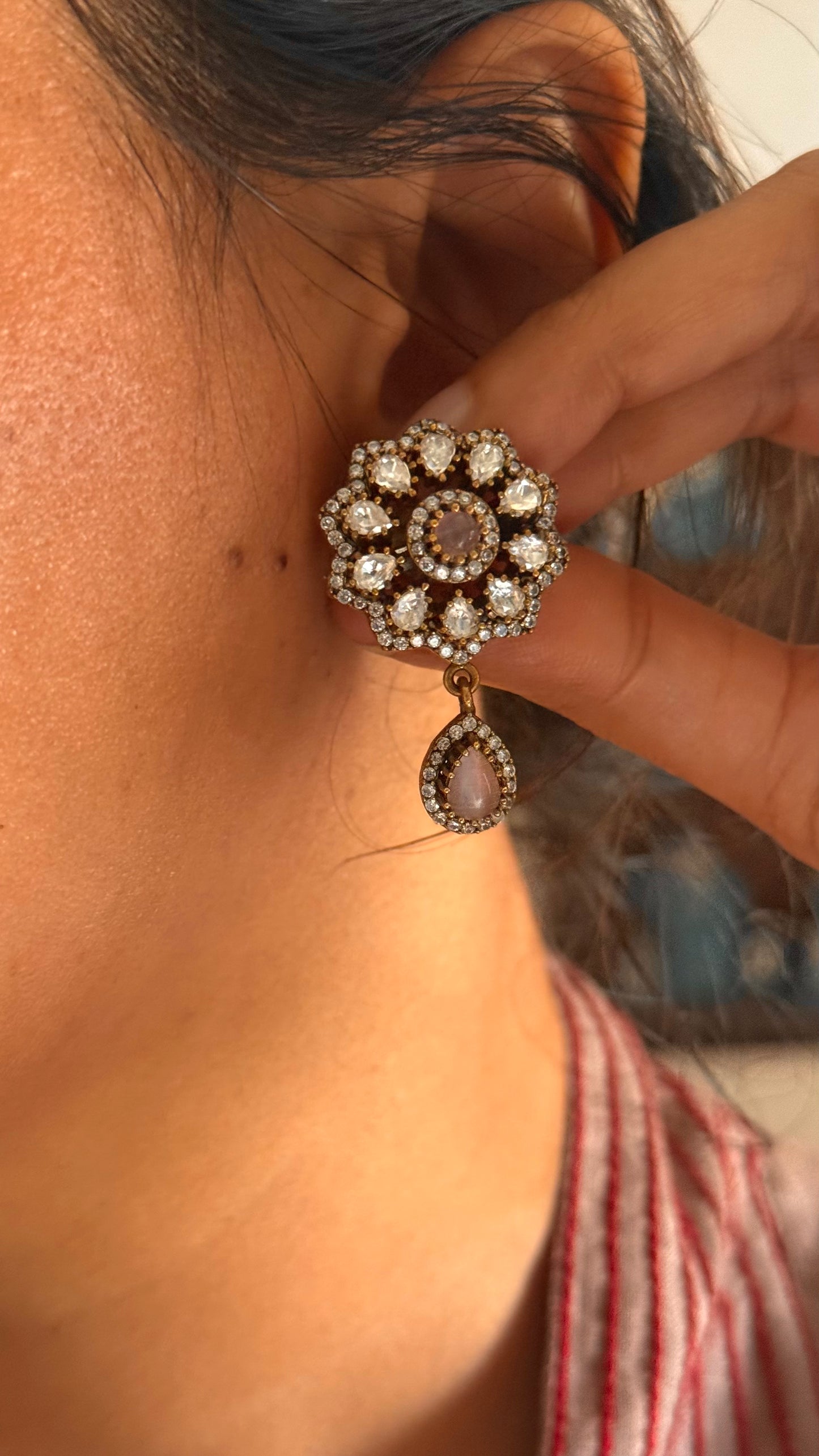 Rose quartz Moissanite victorian floral with drop studs