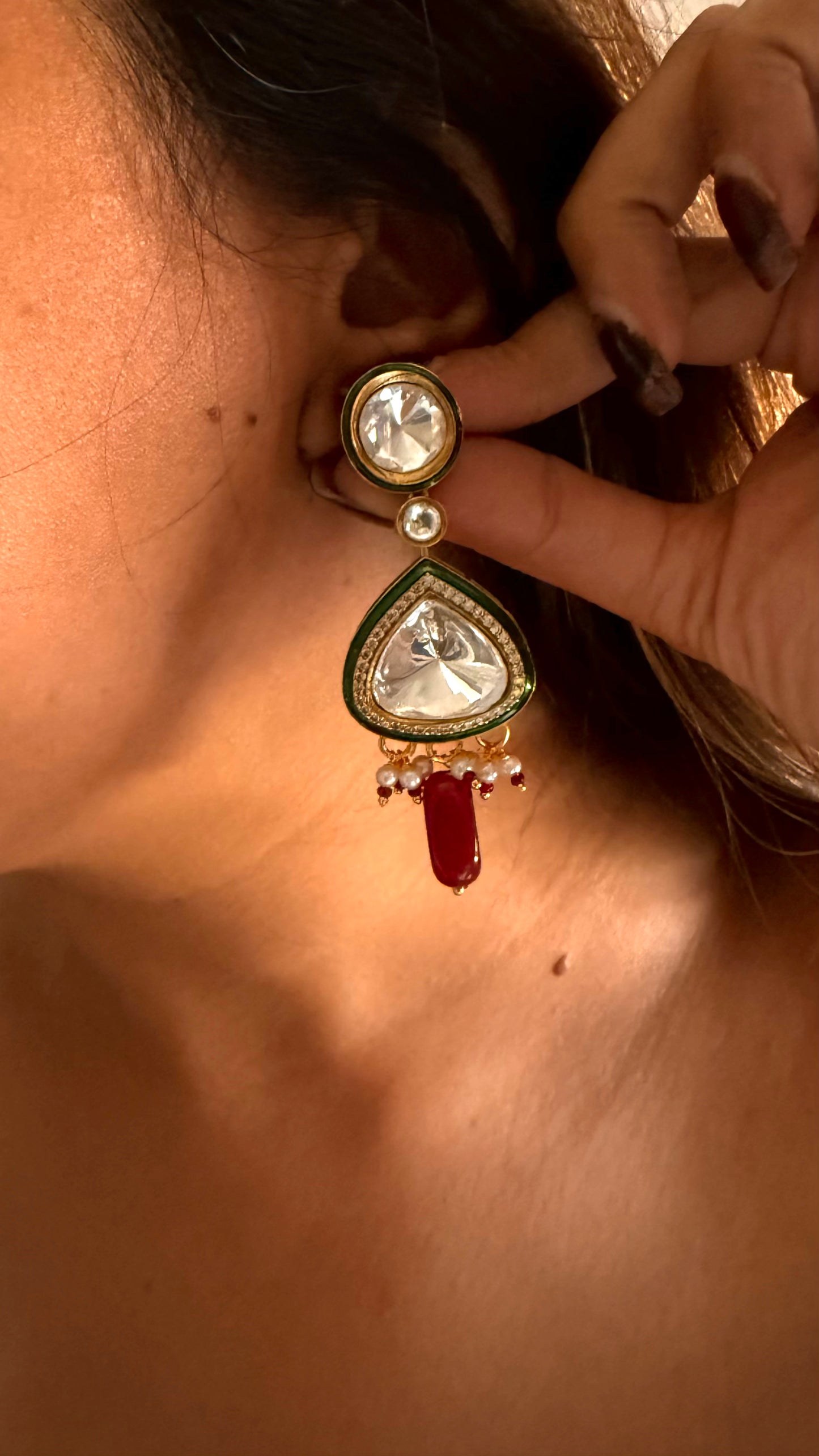 Emerald meenakari polki with ruby drops