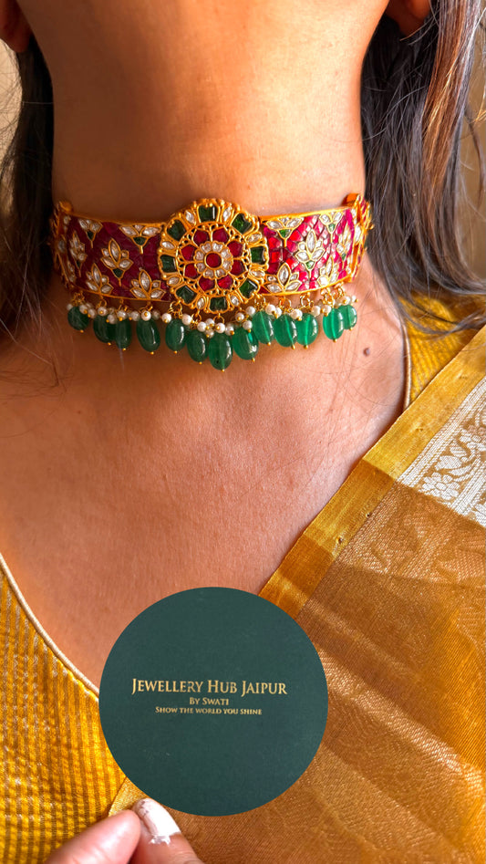 Handmade paachi Kundan jaadau Rani pink choker