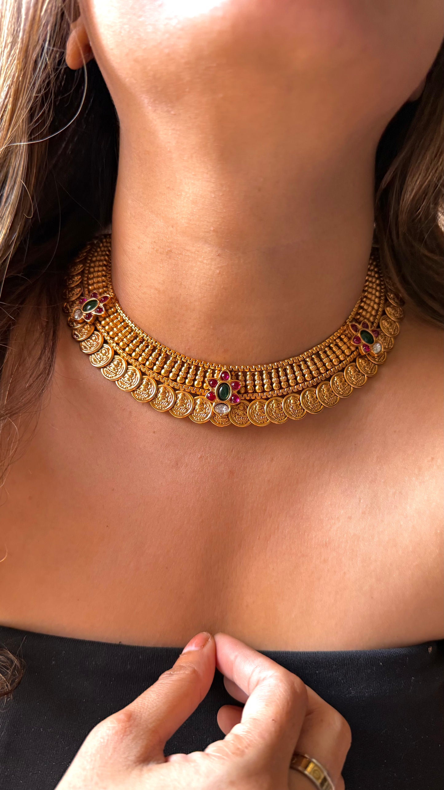 Mahalaxmi coin set with emerald detailing