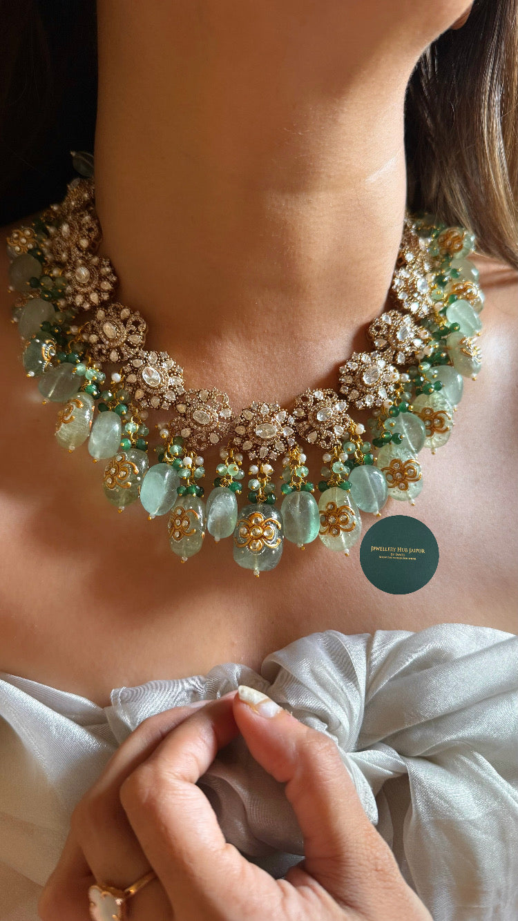 Moissanite polki with mint drops inlay carving collar set