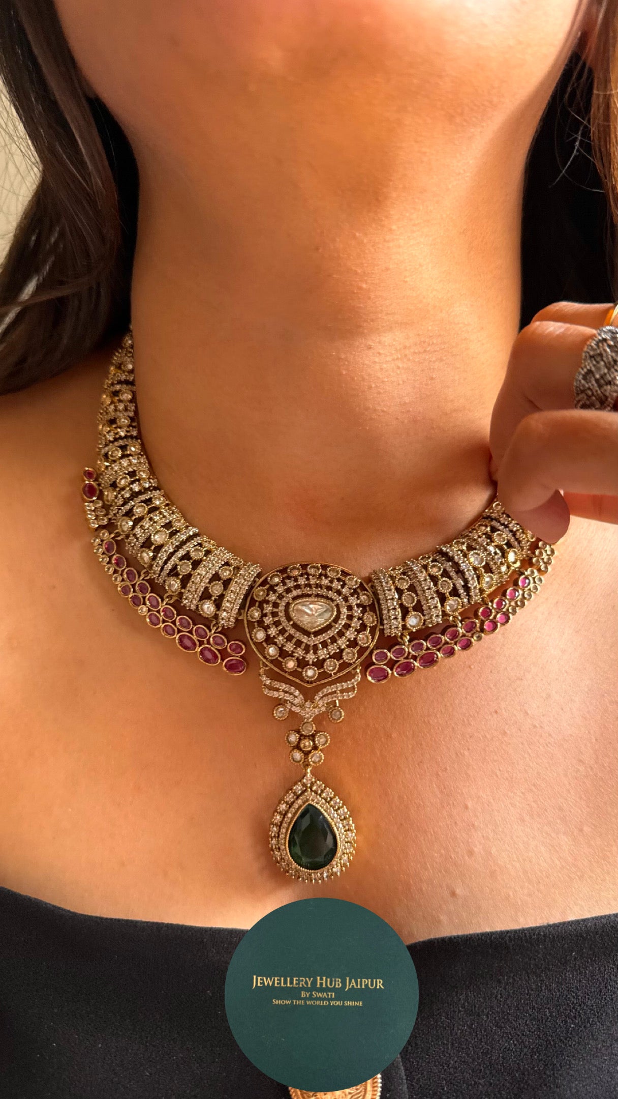 Rani pink ruby with emerald designer Collar Necklace