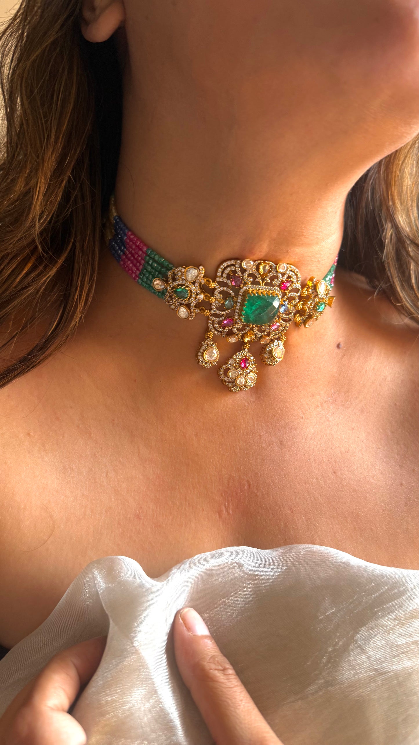 Emerald doublet designer thread choker
