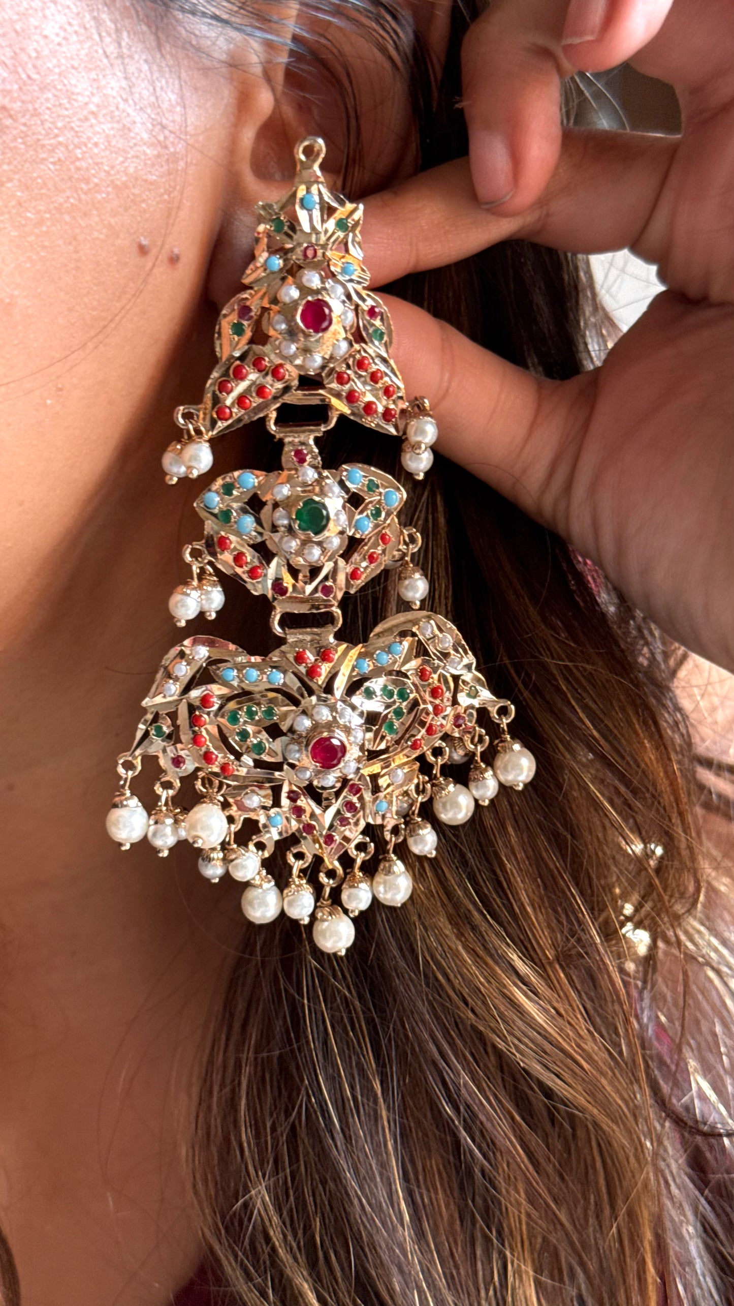 Navratna Jadau triple layer danglers