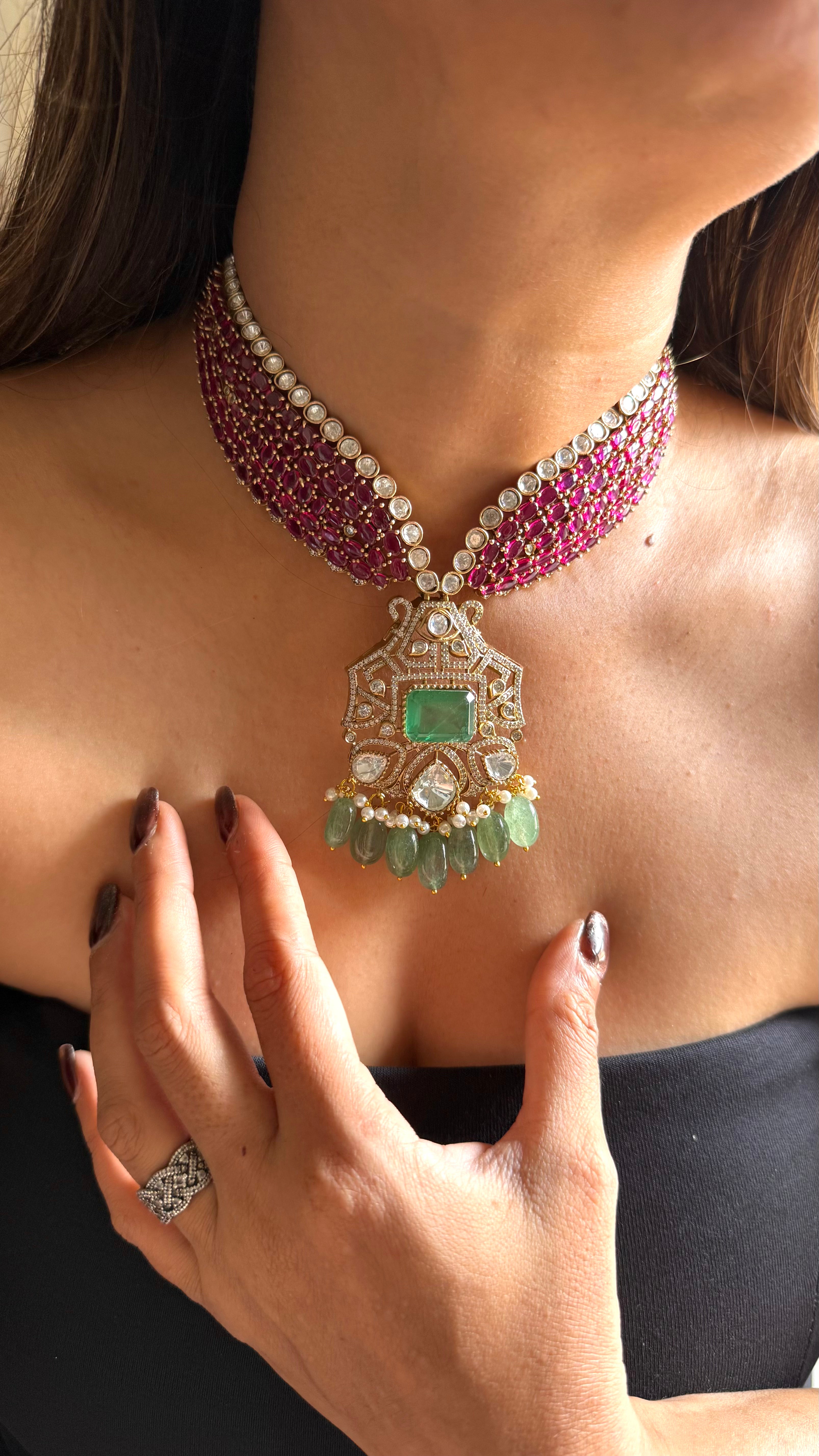 Rani pink & mint moissanite designer necklace with mint drop