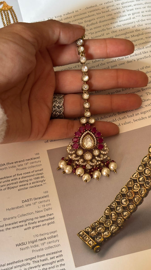 Ruby victoran maangtika with pearl detailing