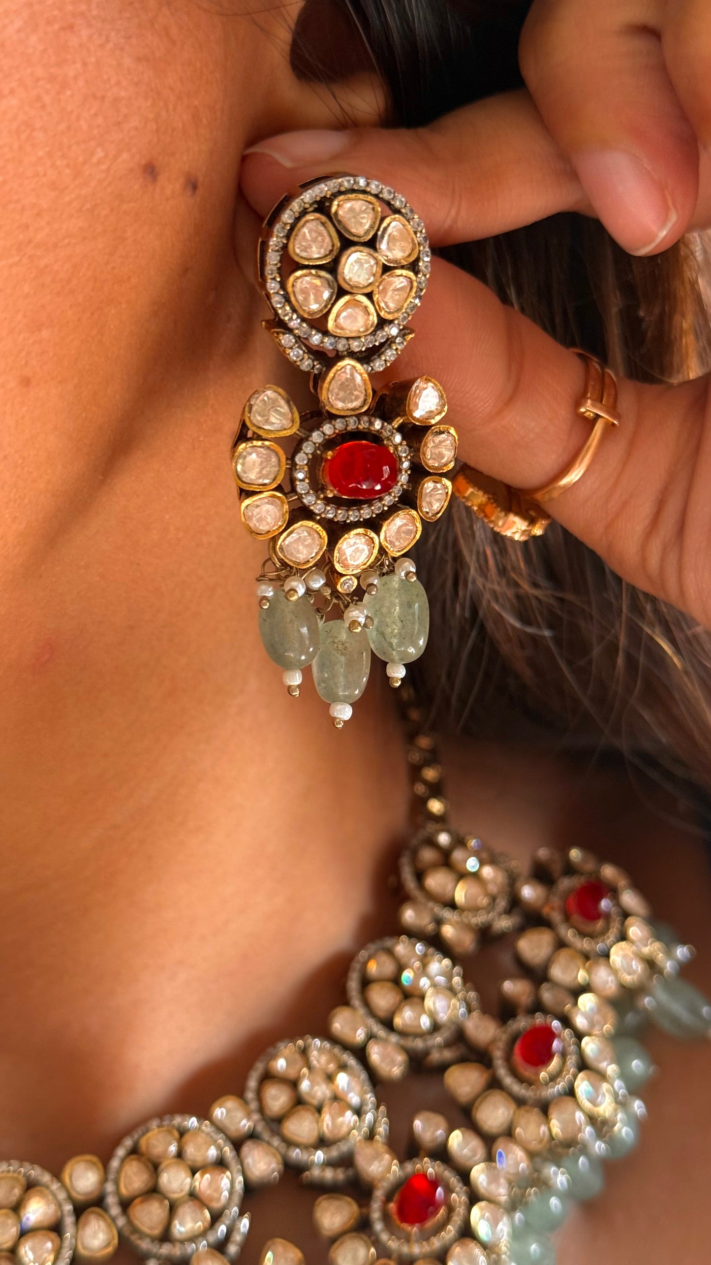 Ruby & mint drop peeli polka floral moissanite necklace