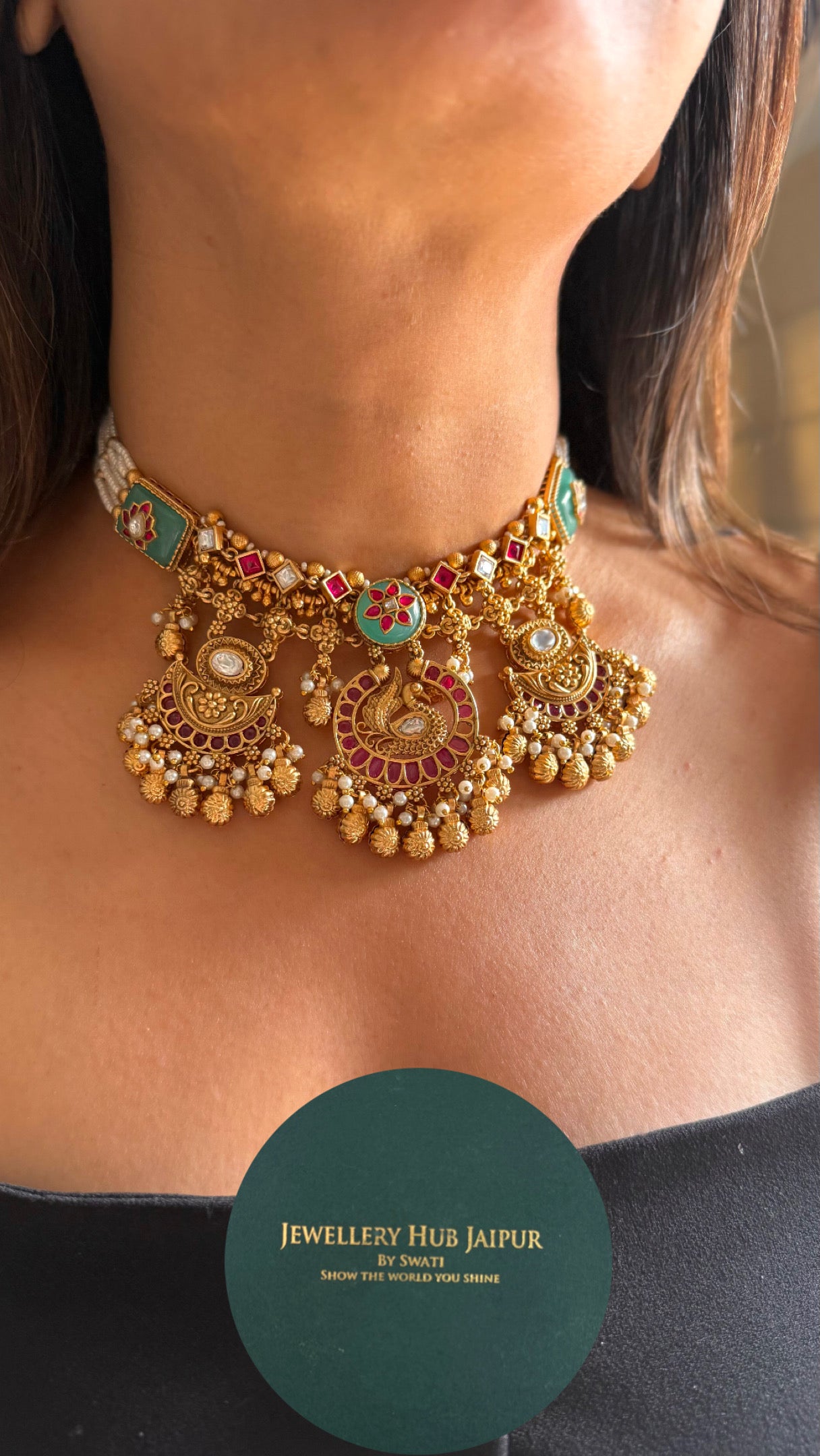 Mint rani pink floral inlay heritage necklace