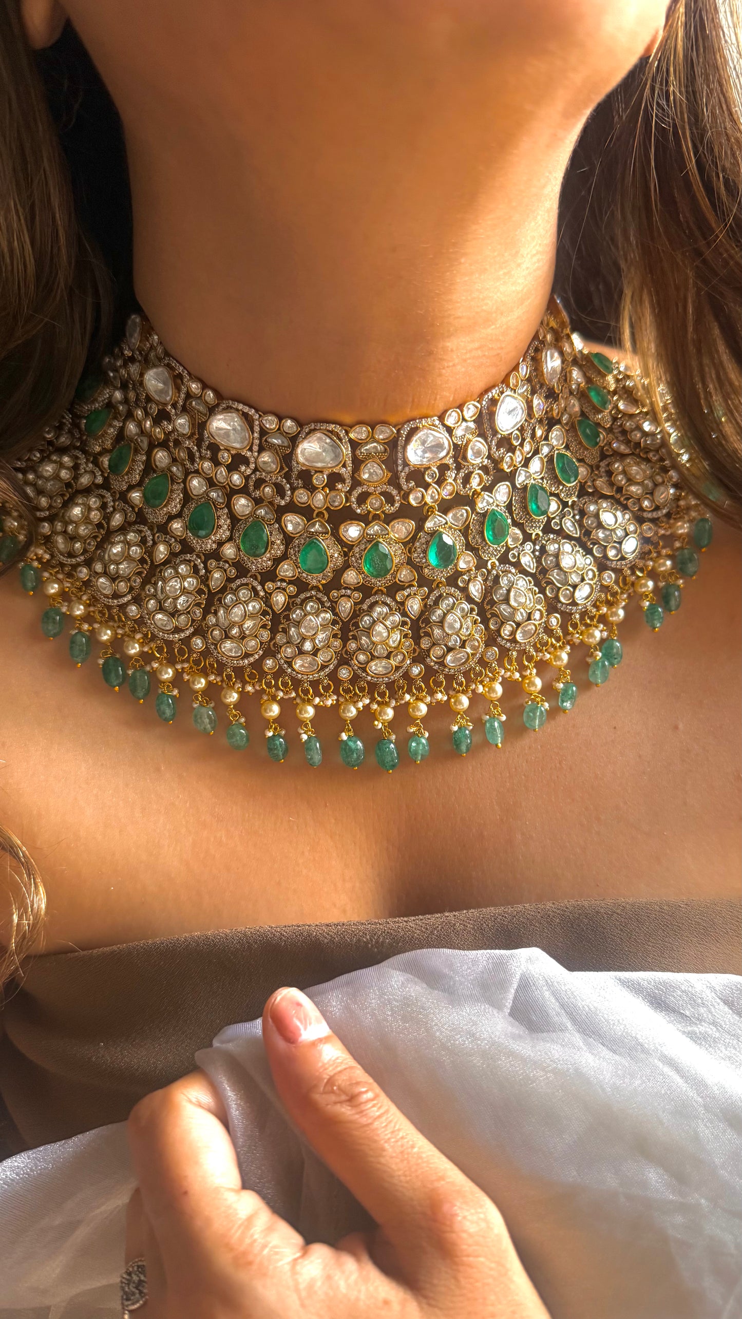 Emerald & Turquoise doublet choker with uncut polki detailing