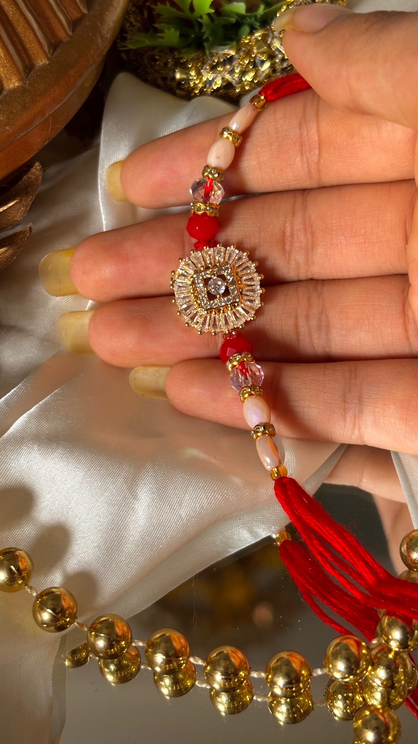 Cz Diamond polki laal dhaga designer rakhi ( shipping will be extra )