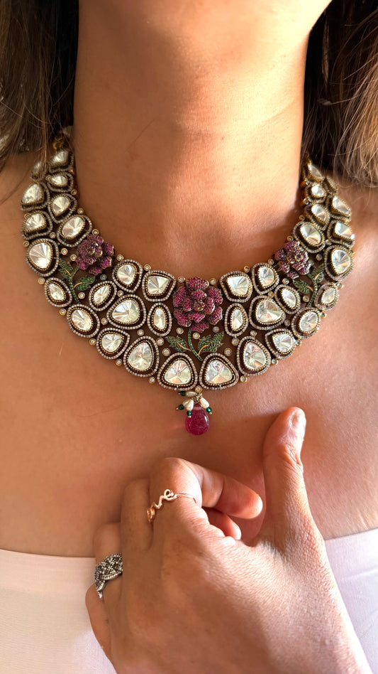 Ruby Rose moissanite polki victorian designer collar necklace