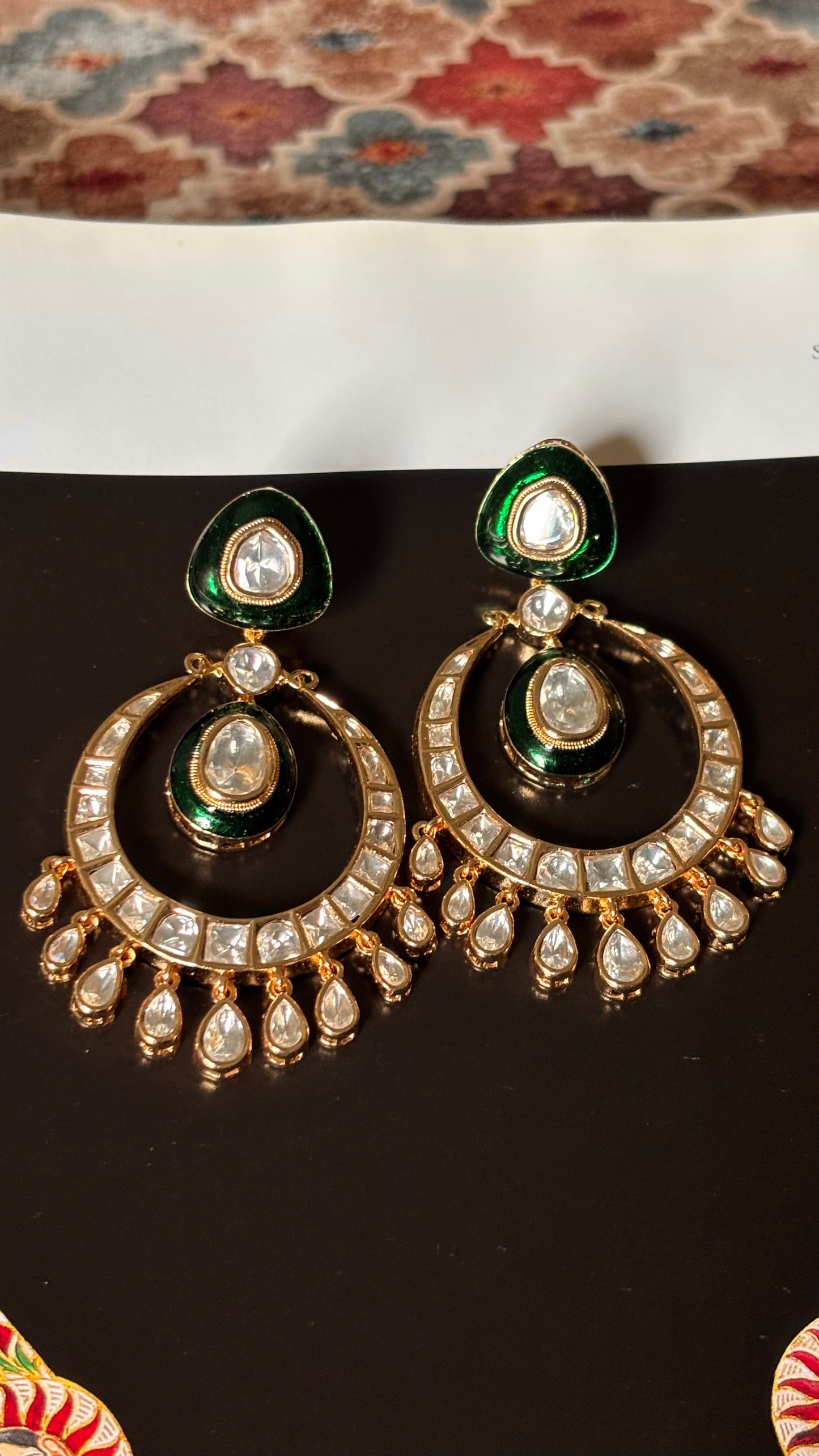 Emerald meenakari with uncut polki Chandbali earrings