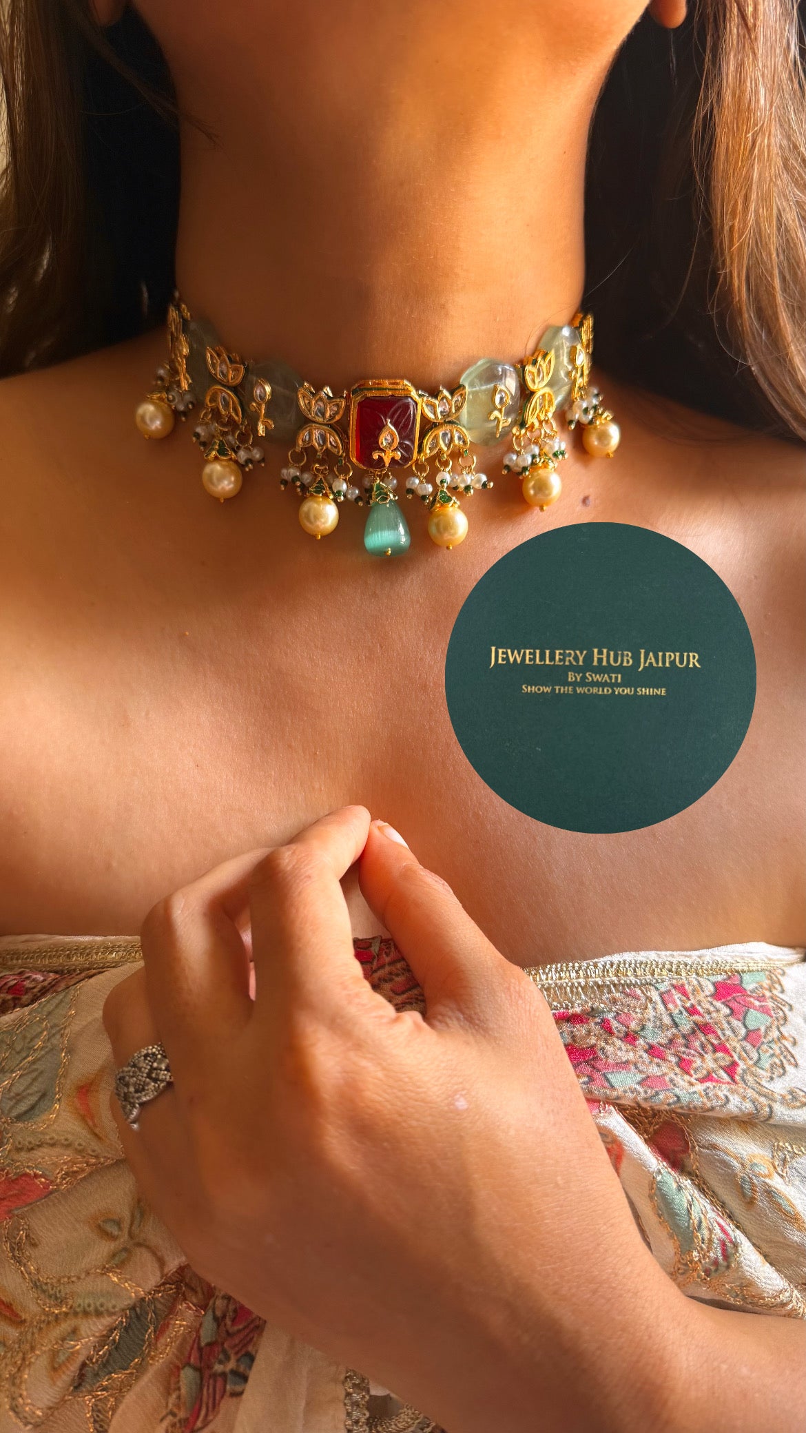 Ruby & mint inlay work & emerald meenakari paachi with pearl drop choker set