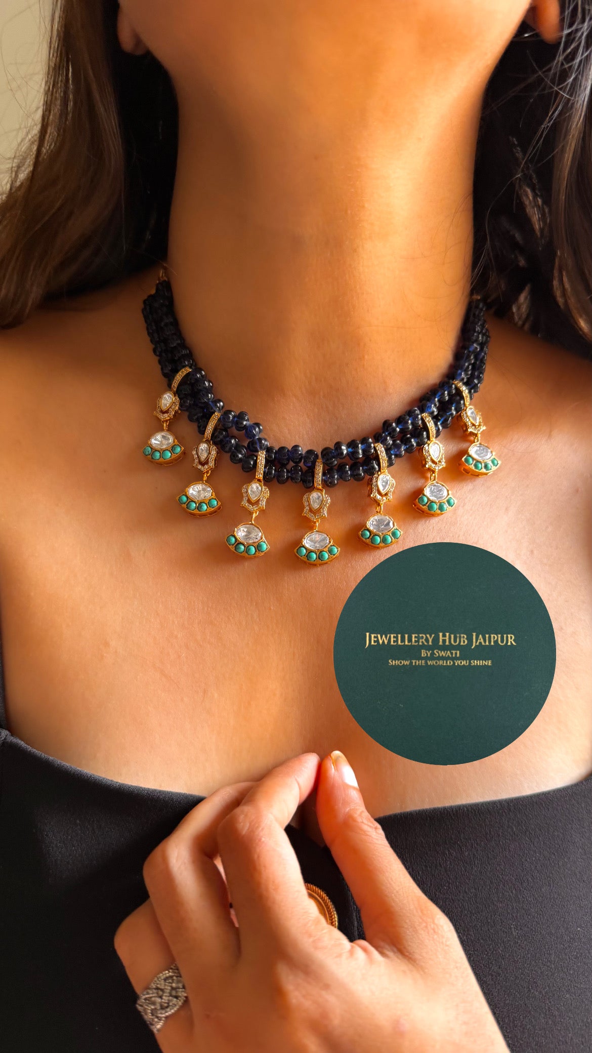 Amrapali inspired Natural stone Firoza moissanite & sapphire minimal collar set