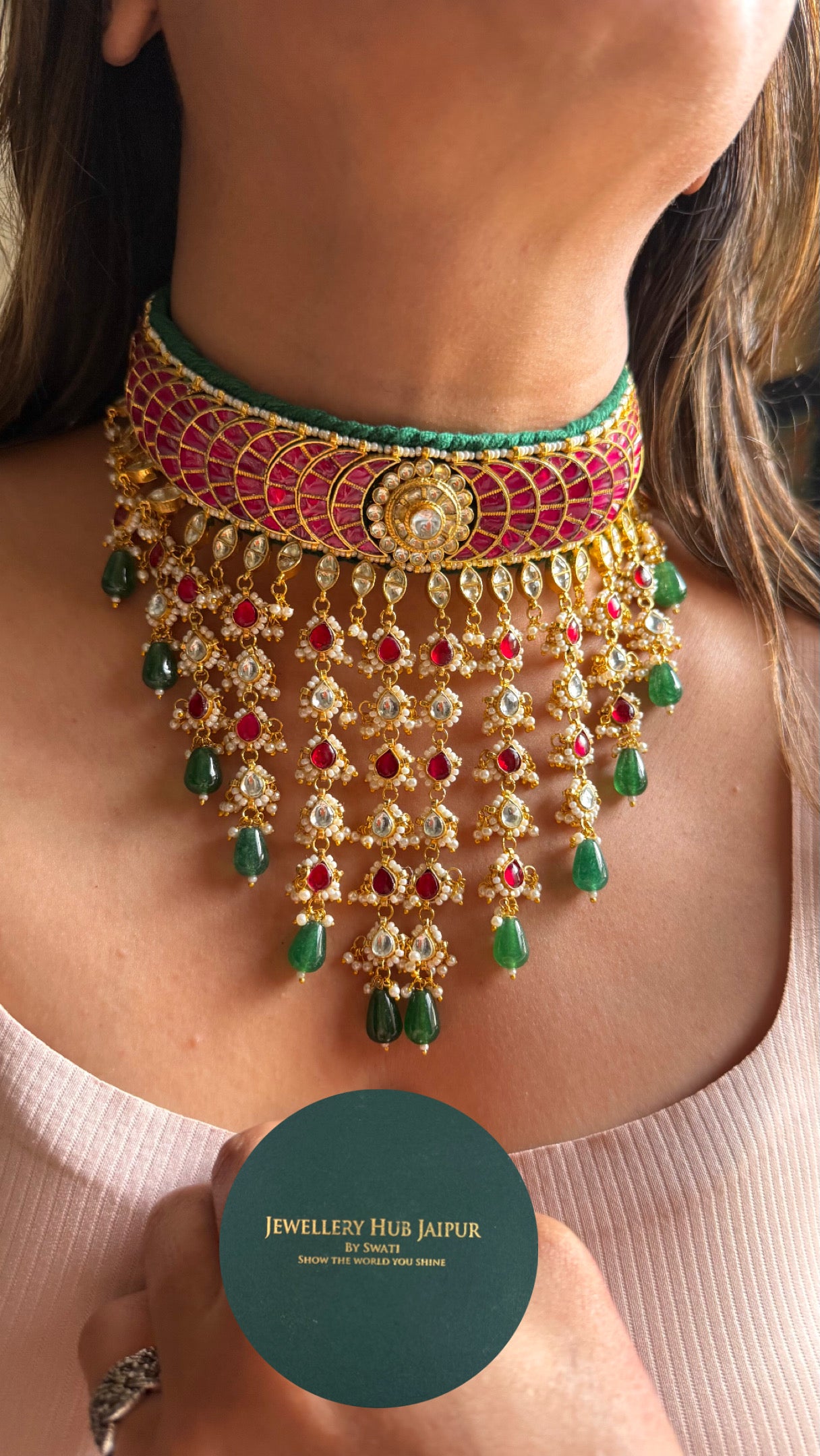 Jadau Ruby panna with emerald drops choker necklace