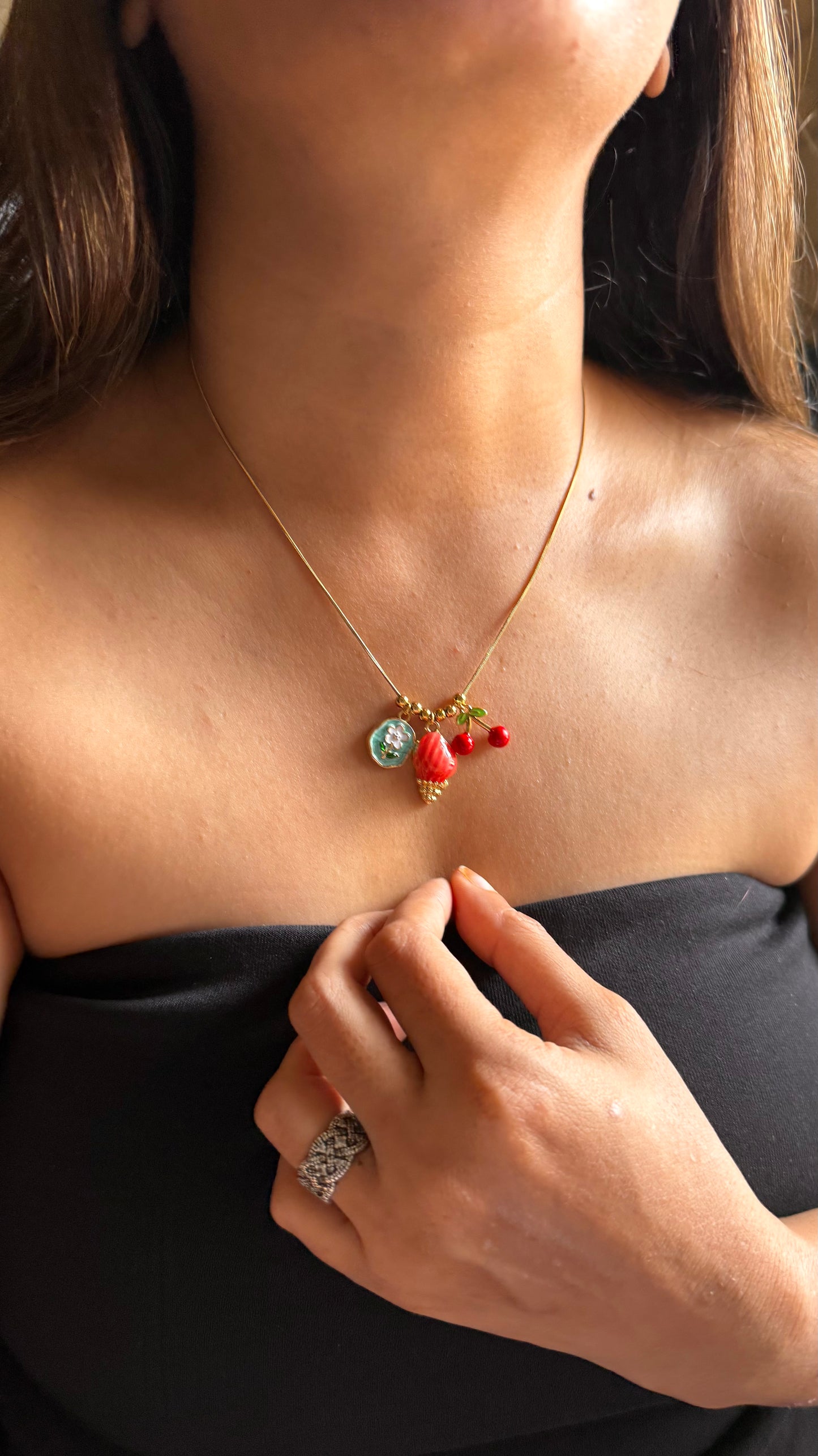 Whimsical Strawberry and Cherry Charm Necklace