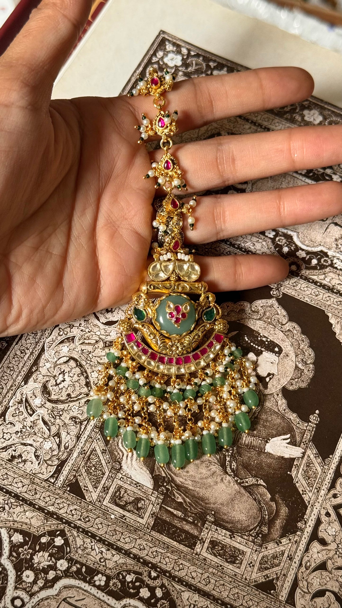 Mint inlay work & rani pink floral with mint drop maangtika