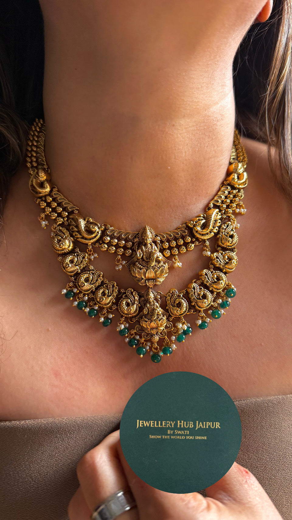 Goddess, Laxmi dual layer necklace with emerald drop detailing