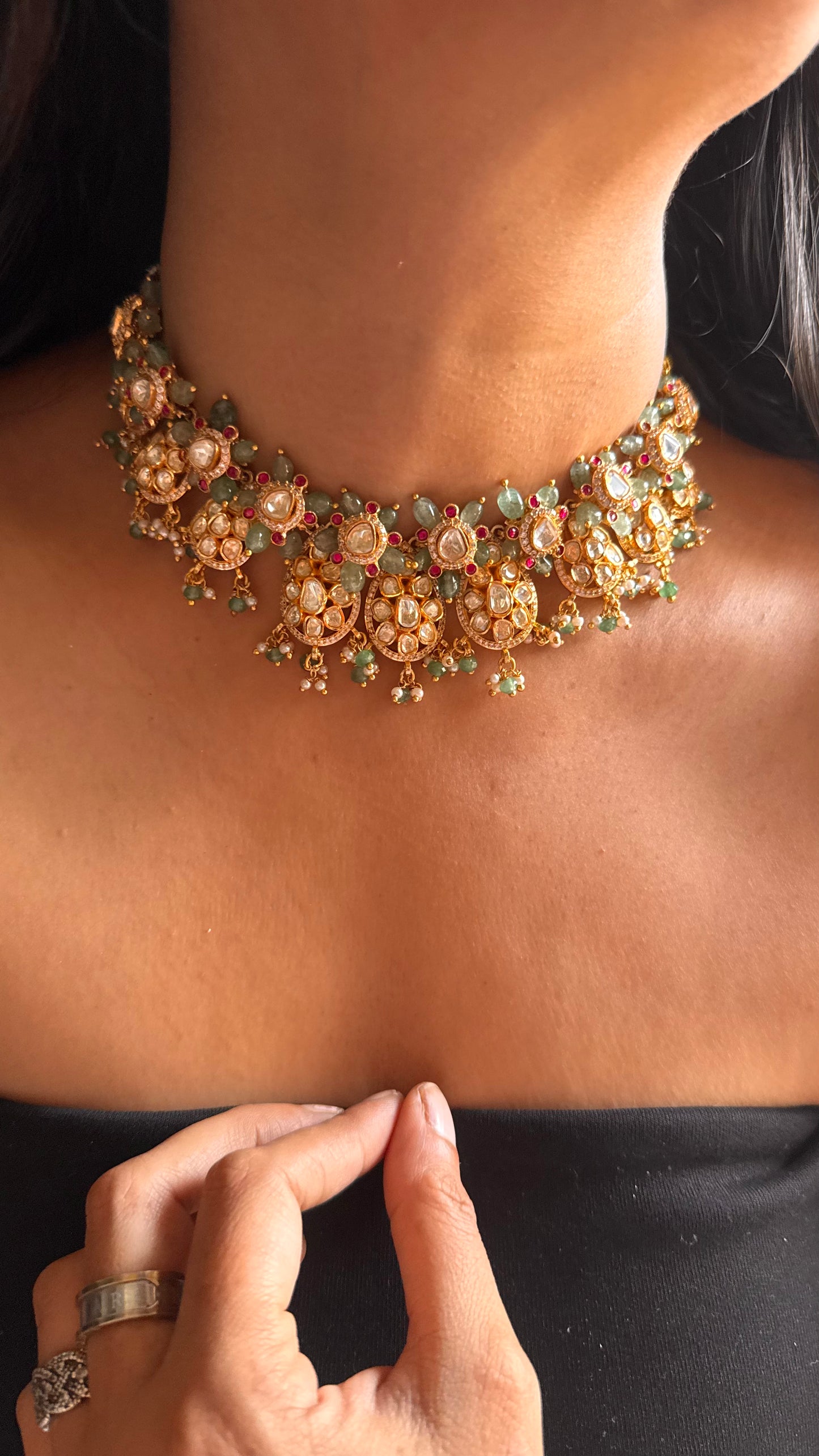 Real  moissanite peeli polki with mint strawberry drops choker necklace