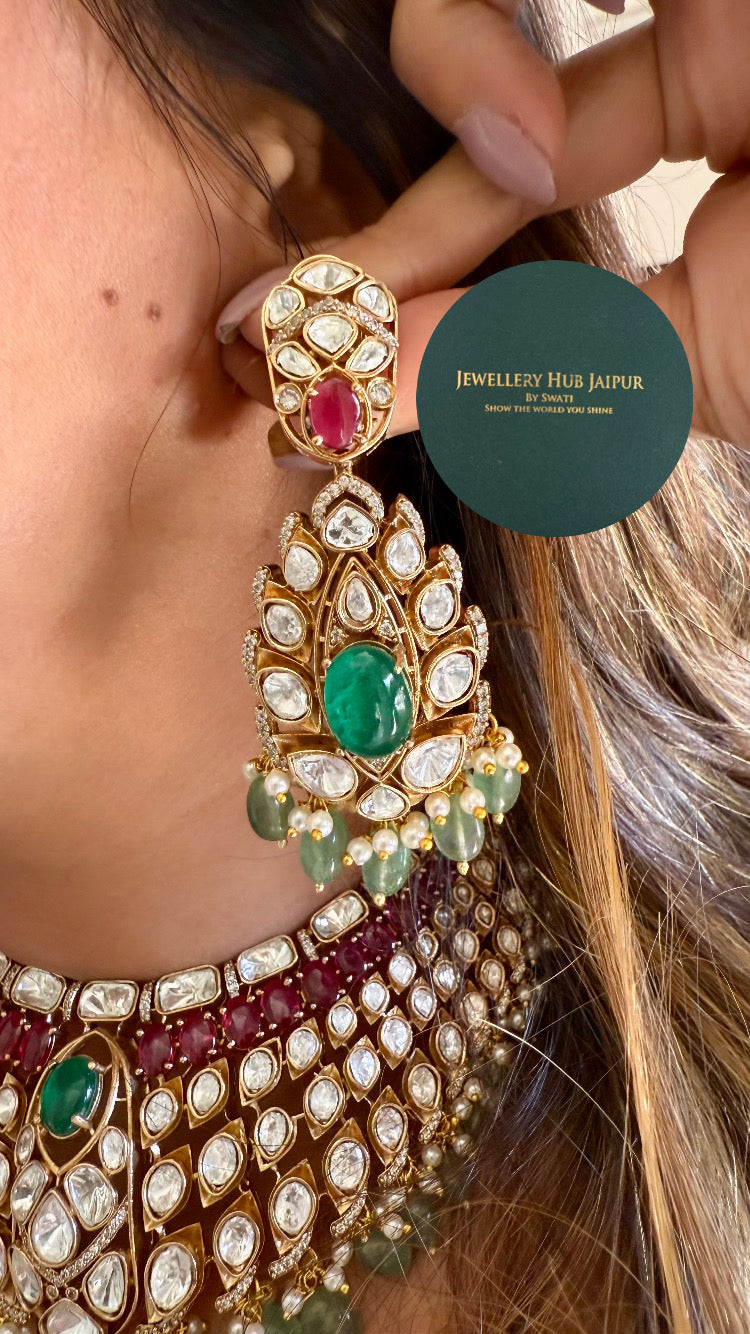 Gulaal Emerald doublet ruby moissanite polki mint drop necklace set