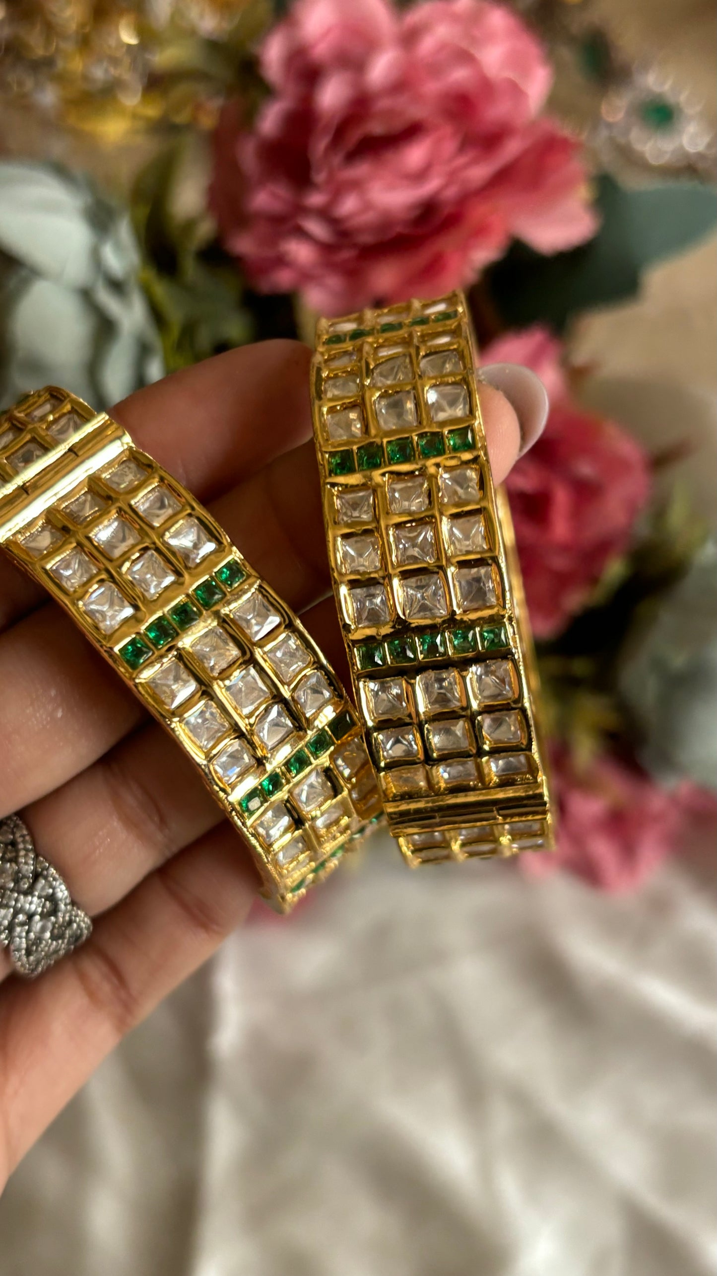 Emerald Moissanite triple line bangles at openable