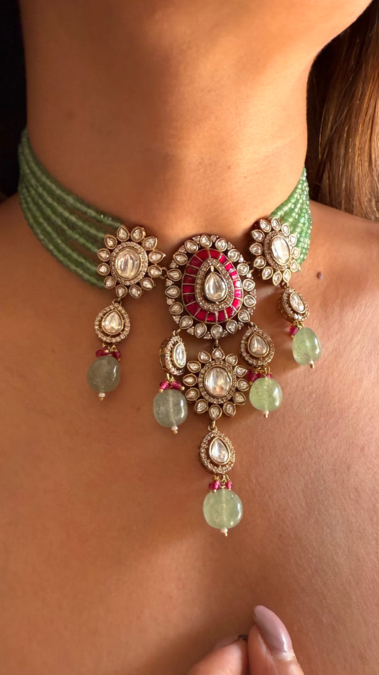 Riva Ruby moissanite polki & mint drop choker