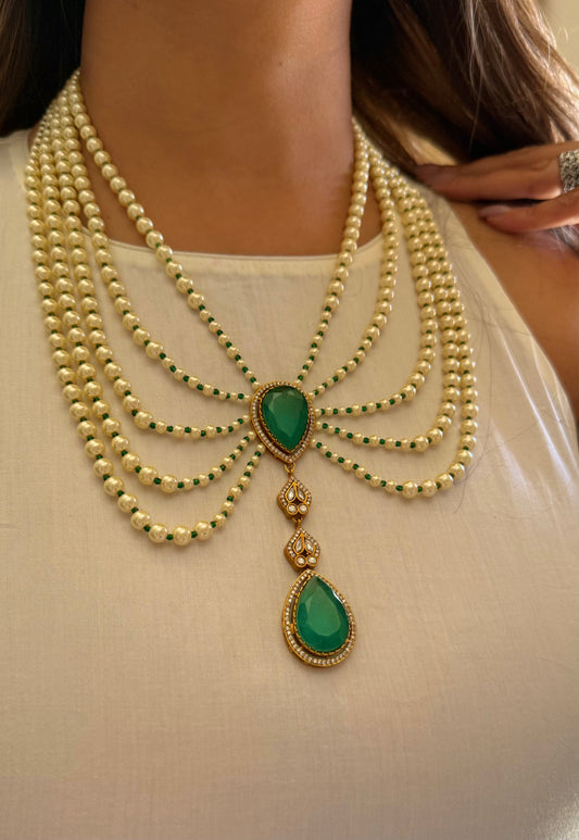 Iqra Emerald moissanite designer mid length pearl necklace