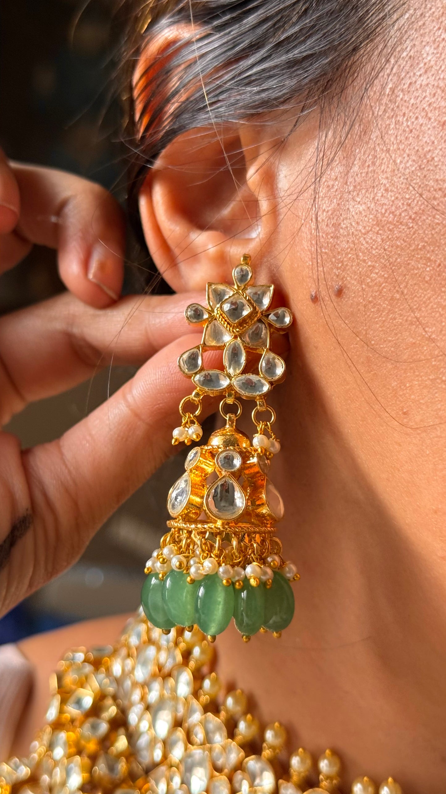 Handmade Paachi Kundan jadau bridal mint drops necklace