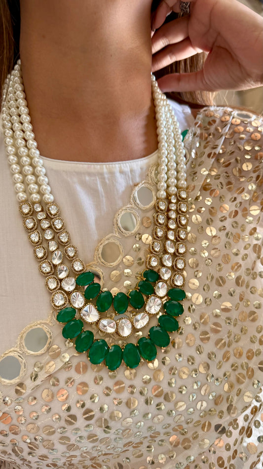 Emerald three layered moissanite polki thread maharani haar